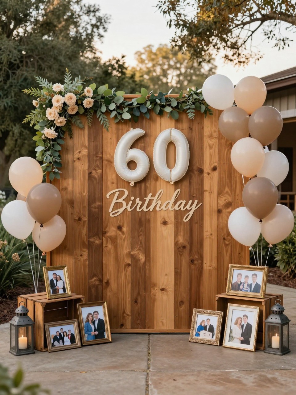 Image Prompt:
A single realistic photo of a rustic 60th birthday backdrop with a warm wooden panel wall, greenery garlands, ivory flowers, neutral balloon clusters, lanterns, wooden crates, framed family photos arranged at the base, cozy backyard or barn-style setting, no people, no faces, golden hour lighting, realistic party photography, no watermark.