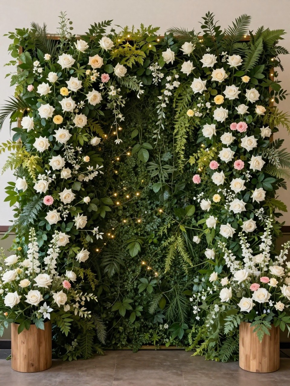 Image Prompt:
A single realistic editorial-style photo of a lush garden flower backdrop with a full greenery wall mixed with white roses, pale yellow flowers, soft pink blooms, trailing vines, and small fairy lights, natural wooden plinths in front, indoor garden-style venue, no people, no faces, soft balanced lighting, realistic event photography, no text, no watermark.