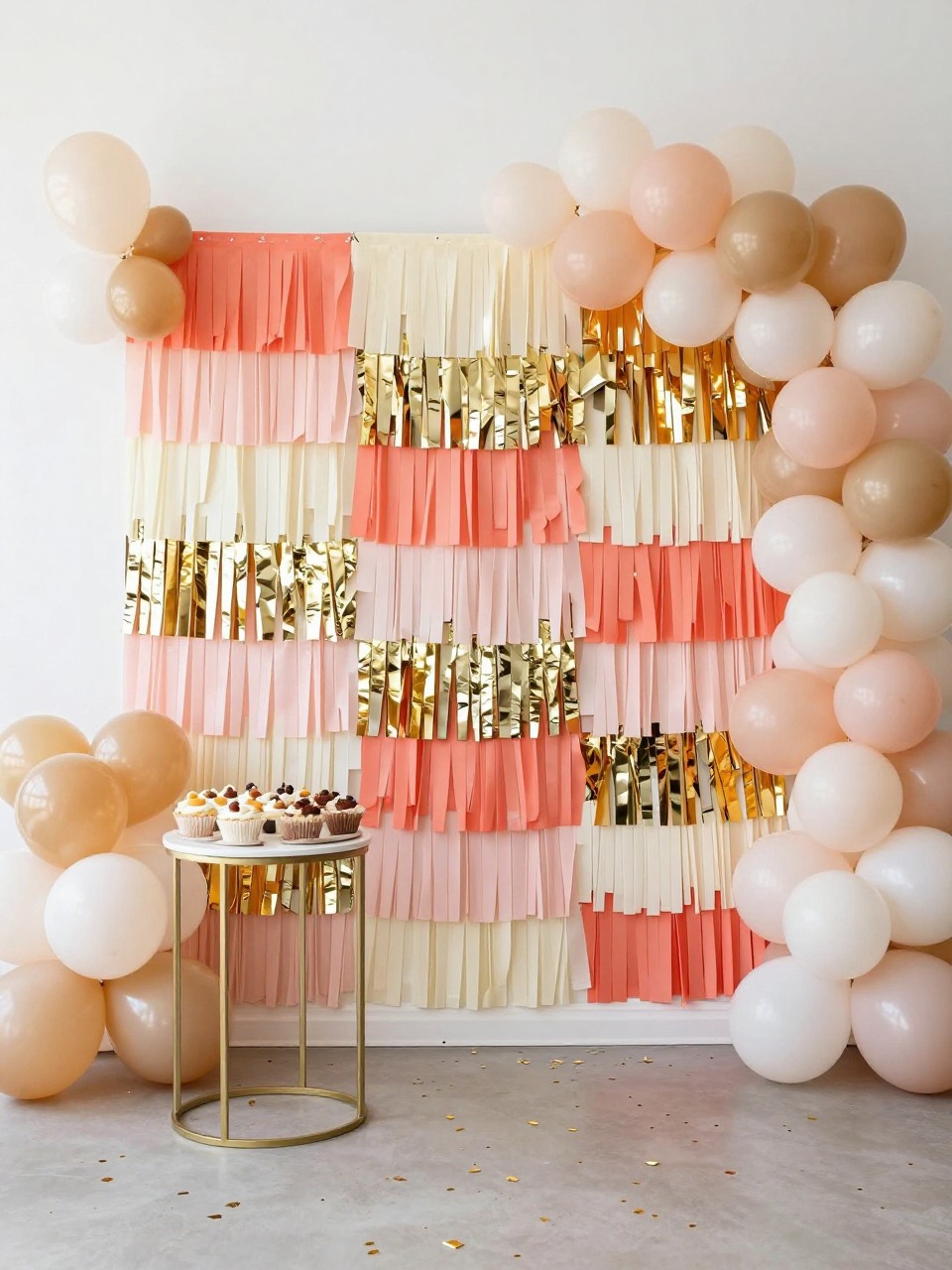 Image Prompt:
A single realistic photo of a fun party backdrop with layered paper fringe in blush, coral, cream, and gold, organic balloon clusters around the top and side edges, metallic fringe strips mixed into the wall, a small dessert table in front, confetti scattered neatly on the floor, bright indoor event space, no people, no faces, realistic party photography, no text, no watermark.
