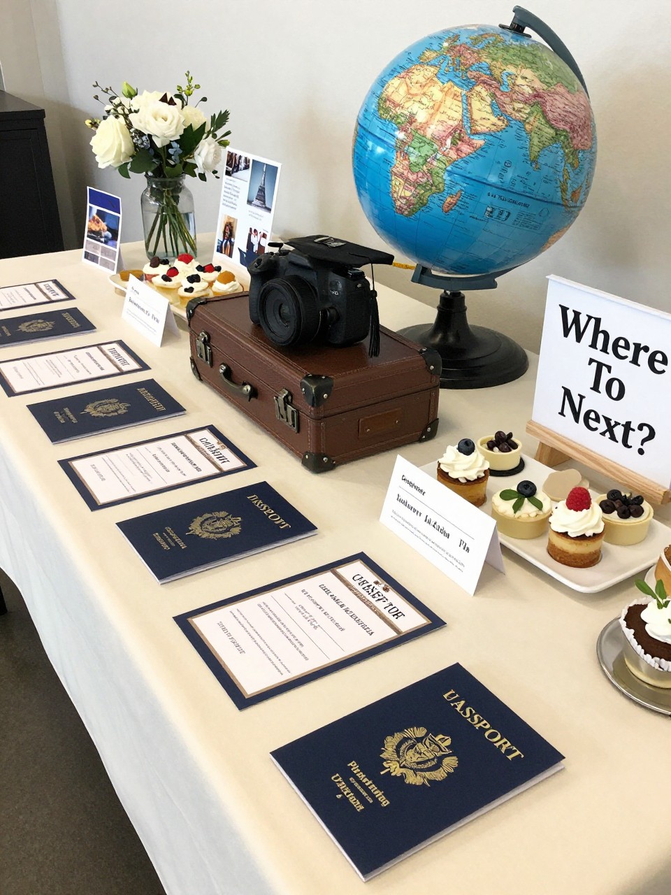 A realistic DSLR photo of a travel-inspired college graduation party table with passport-style invitations, suitcase props, globe decor, boarding pass place cards, postcards, flowers, small desserts, and a “Where To Next?” sign, bright natural light, modern cream and blue color palette, realistic editorial party styling, no people.