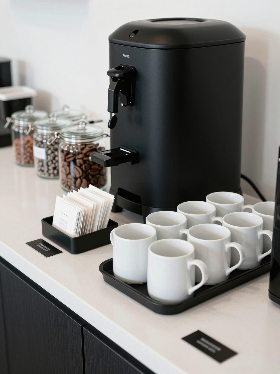A realistic DSLR photo of a modern black and white party coffee bar, matte black coffee urn, white mugs in clean stacks, black trays holding stirrers and sugar packets, clear glass jars of coffee pods and cocoa, white stone countertop, simple black labels, soft daylight, clean modern party setup, no people.