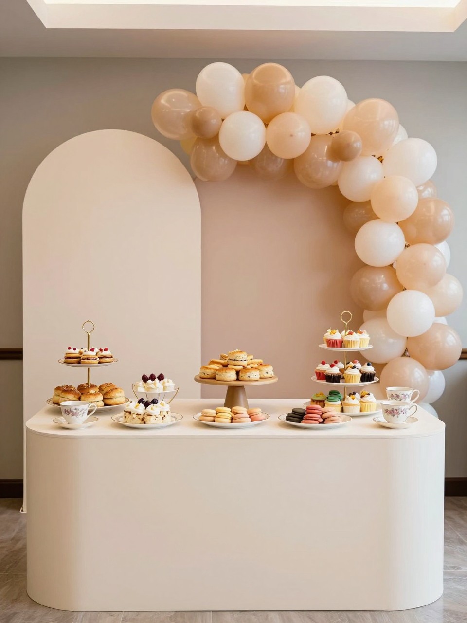 Image Prompt:
A single realistic editorial-style photo of a tea party dessert table backdrop with cream and blush curved panels, soft balloon garland, floral teacups, a styled dessert table with scones, cupcakes, macarons, cookies, mini cakes, and a tiered cake stand, bright indoor party venue, no people, no faces, realistic food and event photography, no readable text, no watermark.