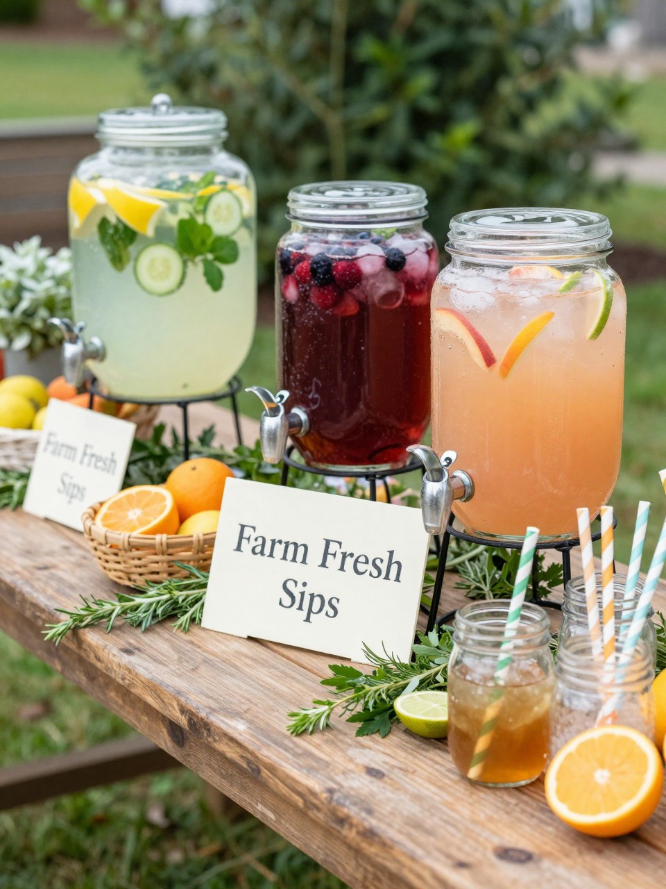 A realistic single-image baby shower drink station with glass dispensers of lemonade, cucumber mint water, berry iced tea, and peach spritz mocktail, wooden table decorated with fresh herbs, sliced citrus, small fruit baskets, mason jar cups, striped paper straws, cream sign reading “Farm Fresh Sips,” garden brunch setting, no people, no faces, natural editorial photography, realistic drink textures, no watermarks on images