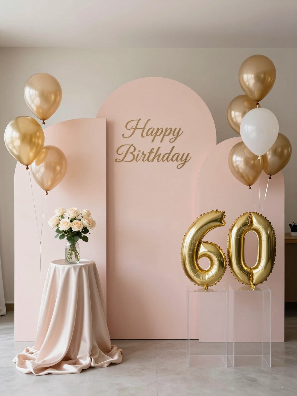 Image Prompt:
A single realistic photo of a soft blush and gold 60th birthday backdrop with blush pink curved panels, champagne gold balloons, ivory roses, satin fabric draping, clear plinths, gold number 60 props, elegant indoor celebration space, no people, no faces, soft natural lighting, realistic editorial birthday photography, no watermark.