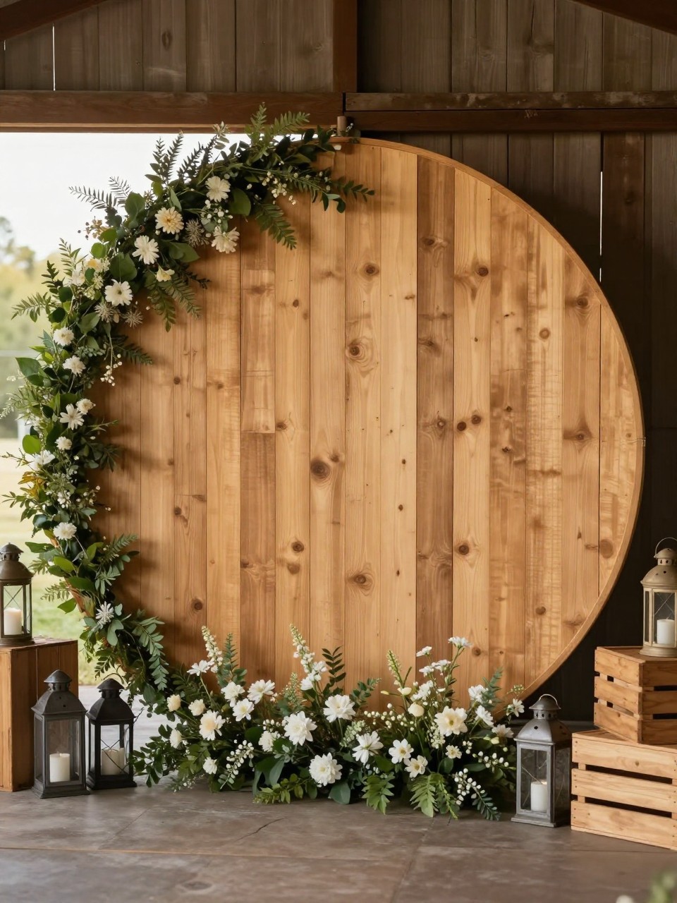 Image Prompt:
A single realistic photo of a rustic circle backdrop with a large round wooden panel, soft greenery wrapped partly around the edge, white flowers at the base, lanterns, wooden crates, warm outdoor or barn-style setting, no people, no faces, golden hour lighting, realistic party photography, no text, no watermark.