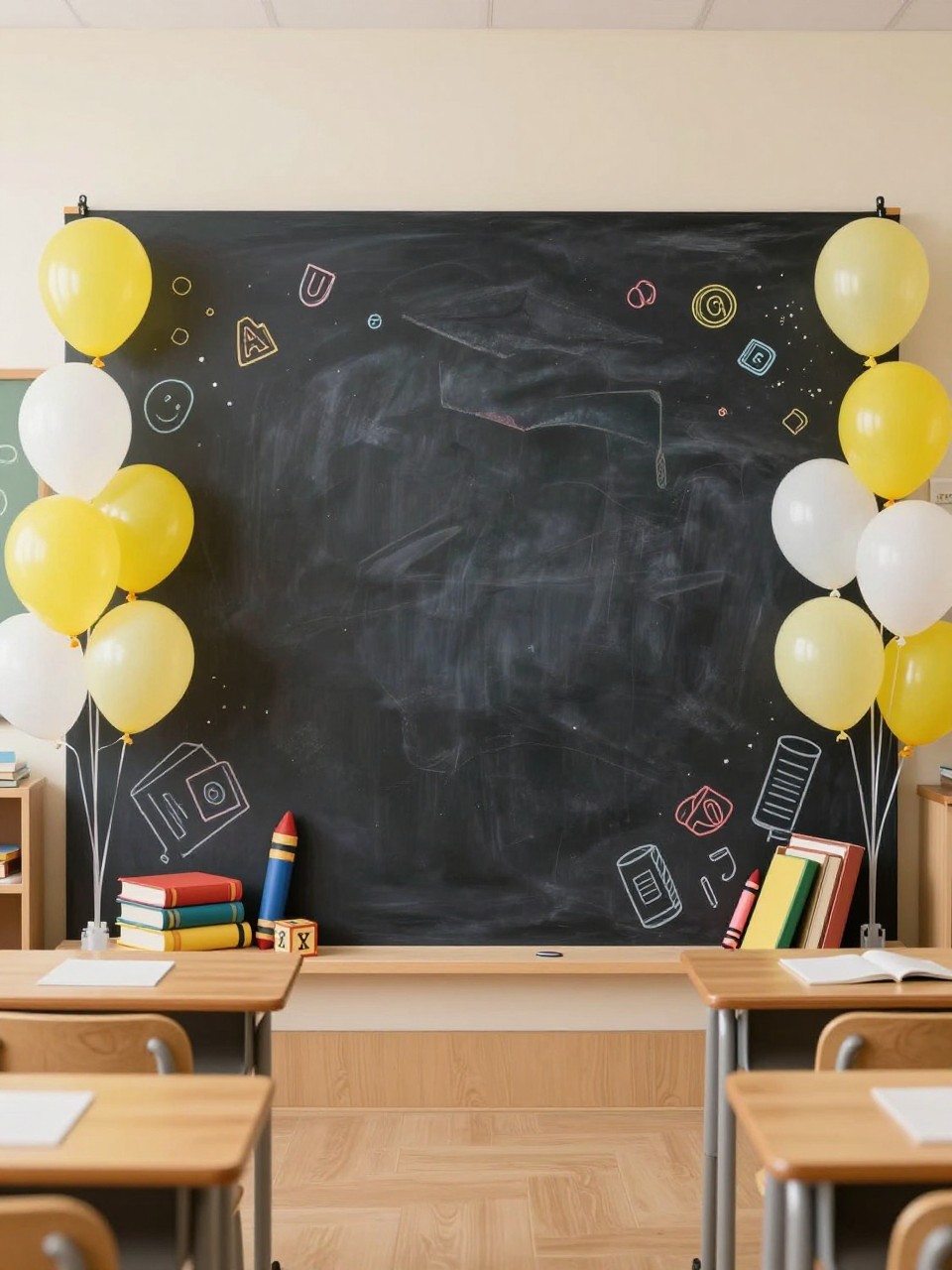 Image Prompt:
A single realistic photo of a preschool graduation backdrop with a large dark chalkboard-style panel, colorful chalk-style doodle props with no readable text, alphabet blocks, crayons, books, yellow and white balloon clusters, wooden school desk in front, warm classroom setting, no people, no faces, realistic event photography, no text, no watermark.