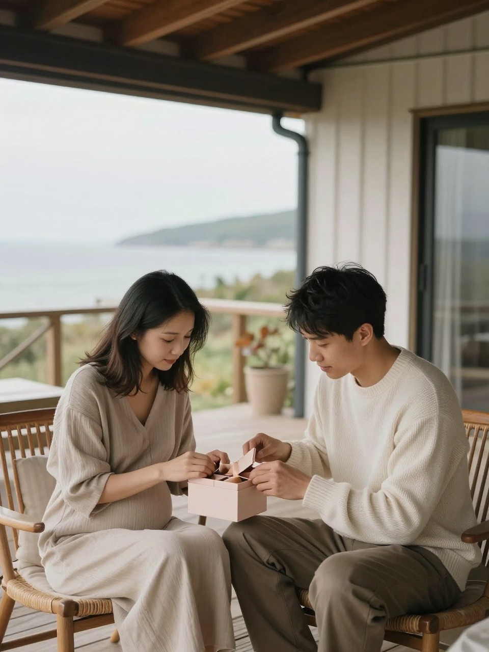 A realistic editorial photo of an intimate gender reveal during a peaceful weekend getaway, boutique cabin or seaside terrace, parents opening a small reveal box together, minimal decor, soft natural scenery, warm stylish clothing, emotional and romantic atmosphere