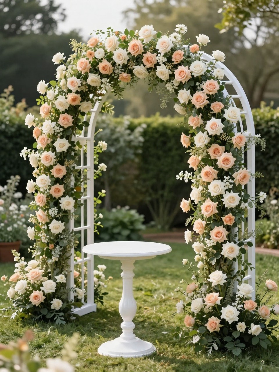 Image Prompt:
A single realistic photo of a romantic garden arch backdrop with a white arched frame covered in fresh-looking blush roses, ivory flowers, pale peach blooms, and soft greenery, placed on a grass lawn with a small white pedestal table in front, soft afternoon sunlight, outdoor garden party setting, no people, no faces, realistic high-end event photography, no text, no watermark.