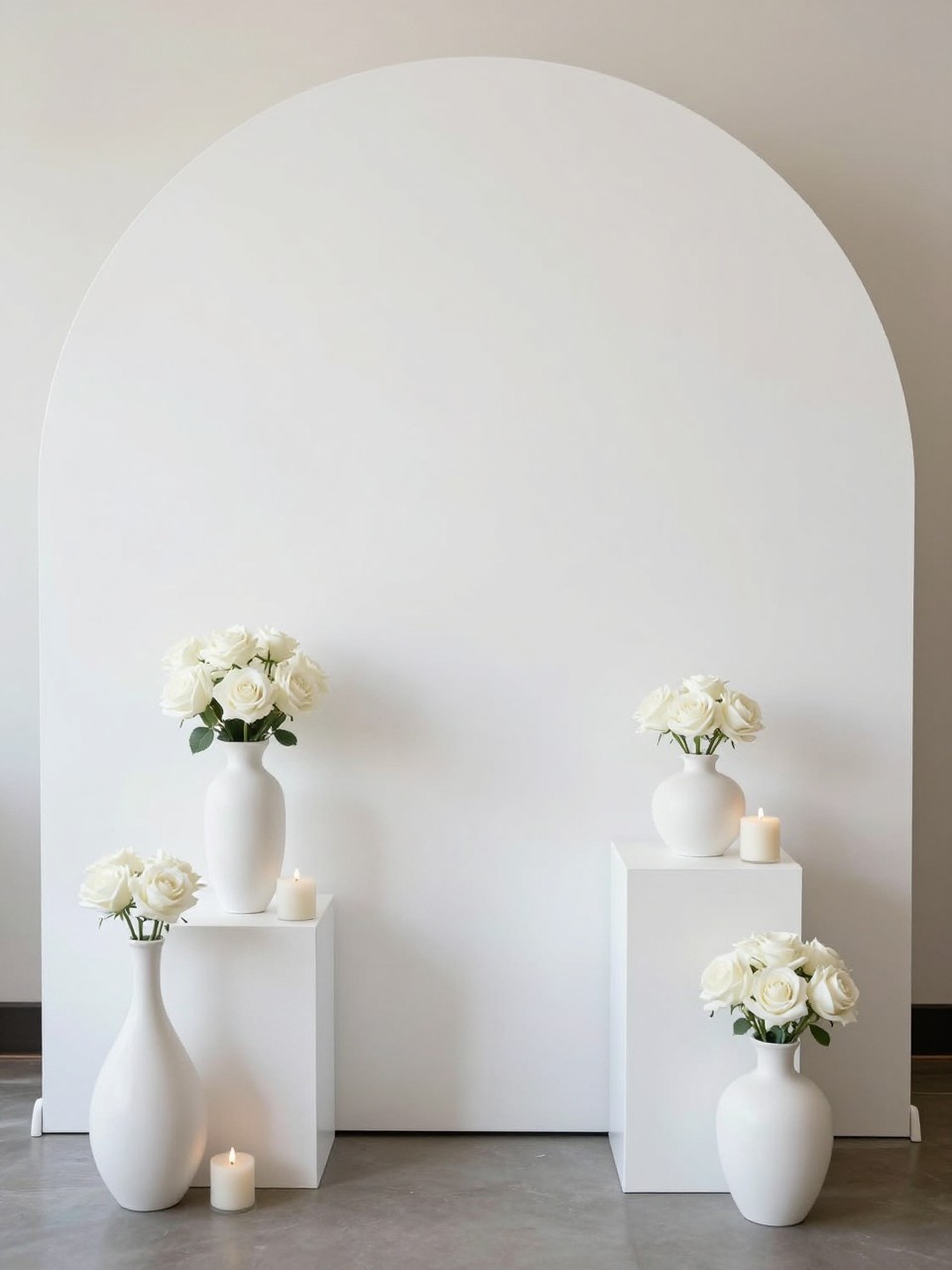 Image Prompt:
A single realistic editorial-style photo of a clean minimalist backdrop with a matte white circular panel, white plinths, white roses in sculptural vases, a few candles, polished indoor event styling, no people, no faces, bright natural lighting, realistic upscale event photo, no text, no watermark.
