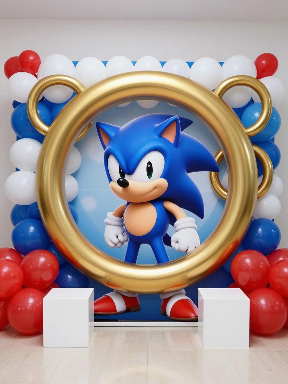 Image Prompt:
A single realistic editorial-style photo of a Sonic-themed photo booth backdrop with several oversized gold rings suspended in front of a blue and white balloon wall, red balloon accents, small white plinths at the base, bright indoor birthday party setting, no people, no faces, realistic party photography, no text, no watermark.