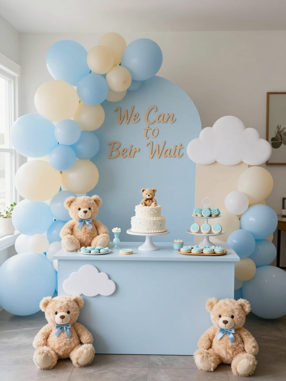 Image Prompt:
A realistic single-image blue “We Can Bearly Wait” baby shower setup, pastel blue and cream balloon arch, light blue dessert table, plush teddy bears with tiny blue bows, white cake with teddy bear topper, pale blue cookies, cloud-shaped decor, wooden sign reading “We Can Bearly Wait,” bright indoor party room, no people, no faces, editorial baby shower decor photography, soft natural light, realistic details, no watermarks on images