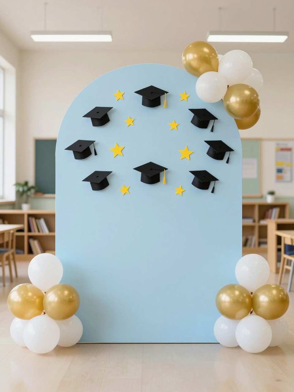 Image Prompt:
A single realistic photo of a preschool graduation backdrop with a soft blue arched panel, mini graduation cap props arranged in a floating pattern, yellow star accents, white and gold balloon clusters, small wooden bookshelves at the base, bright indoor school hall setting, no people, no faces, realistic event photography, no text, no watermark.