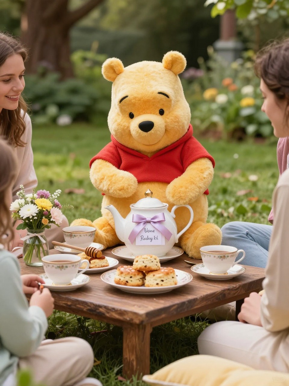 A realistic editorial photo of a Winnie the Pooh-inspired woodland tea party gender reveal, not Disney style, low table with tea cups, honey spoons, scones, flowers, soft cushions, parents opening a teapot lid to reveal a hidden baby message and soft color ribbon, warm garden lighting, vertical DSLR photography