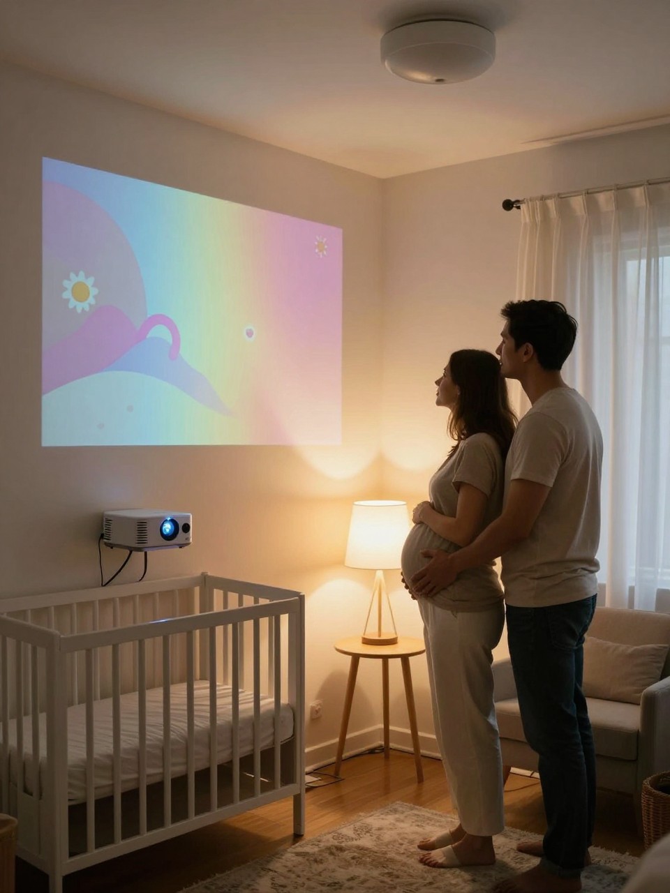 A realistic editorial photo of an intimate gender reveal in a softly styled nursery corner, projector casting a dreamy nursery design onto the wall, parents standing close together, warm lamps, neutral decor, final projection shifting into one reveal color, modern and slightly futuristic mood