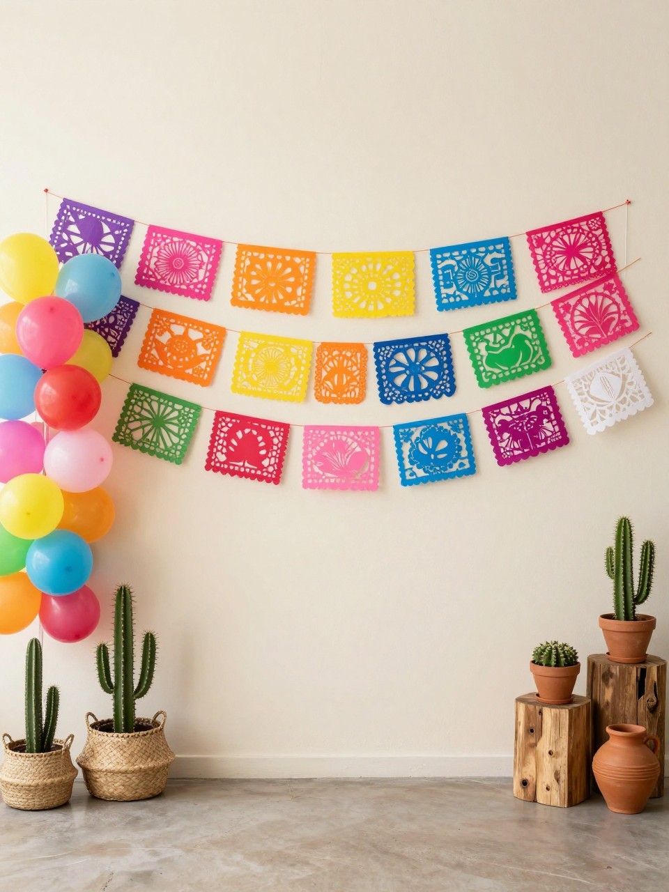 Image Prompt:
A single realistic editorial-style photo of a Mexican theme party backdrop with layered papel picado banners in pink, orange, yellow, blue, green, and white hanging across a cream backdrop wall, colorful balloon garland on one side, small potted cactus plants, woven baskets, terracotta pots, rustic wooden plinths, bright indoor party venue, no people, no faces, realistic event photography, no text, no watermark.