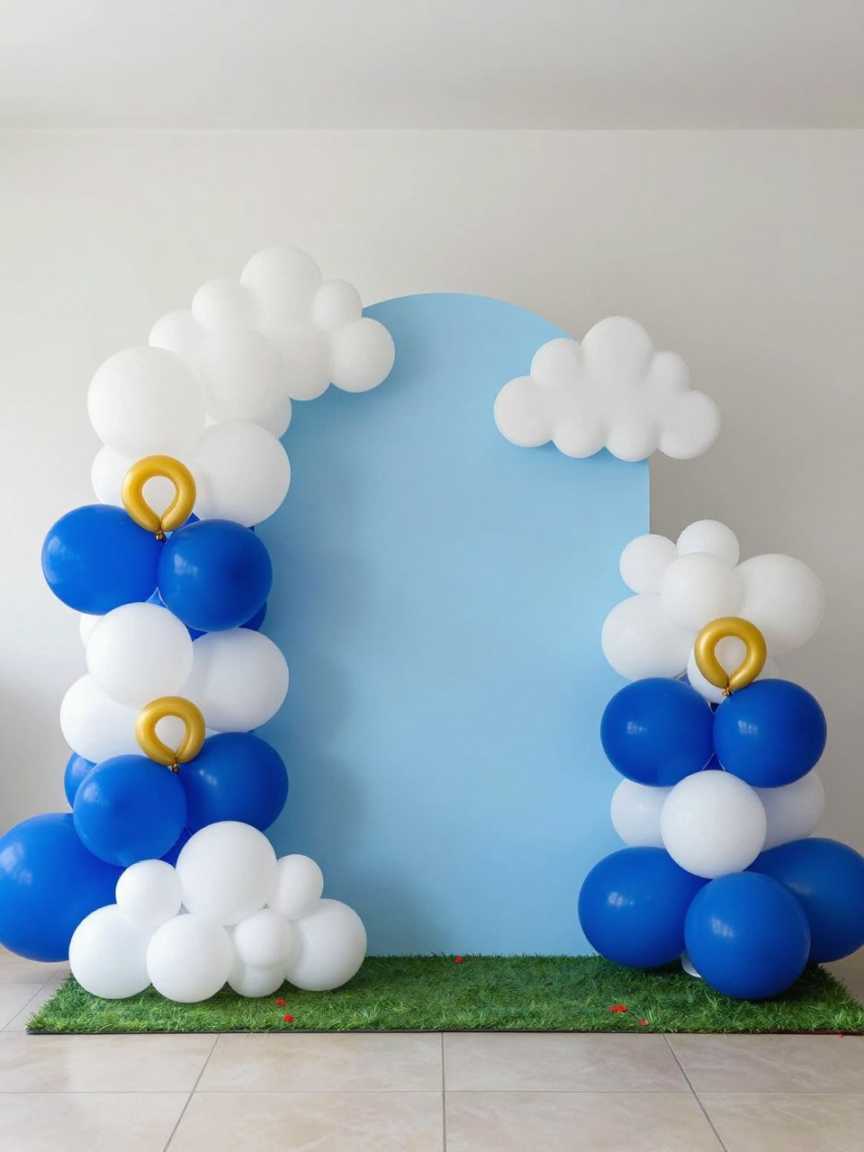 Image Prompt:
A single realistic photo of a Sonic party backdrop with a bright sky-blue panel, fluffy white cloud props, royal blue and white balloon clusters, yellow gold ring accents, green grass-style base, small red details, clean indoor party room, no people, no faces, soft bright lighting, realistic birthday photography, no text, no watermark.