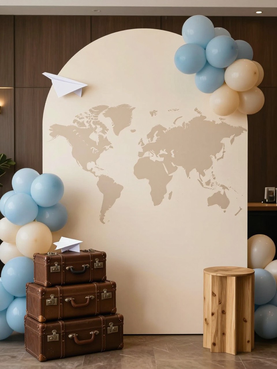 Image Prompt:
A single realistic photo of a travel-inspired arch backdrop with a cream arched panel layered with a soft neutral world map design, stacked vintage suitcases at the base, paper airplane accents, dusty blue and ivory balloon clusters, a small wooden pedestal, warm indoor farewell or adventure-themed party setting, no people, no faces, realistic editorial event photography, no readable text, no watermark.