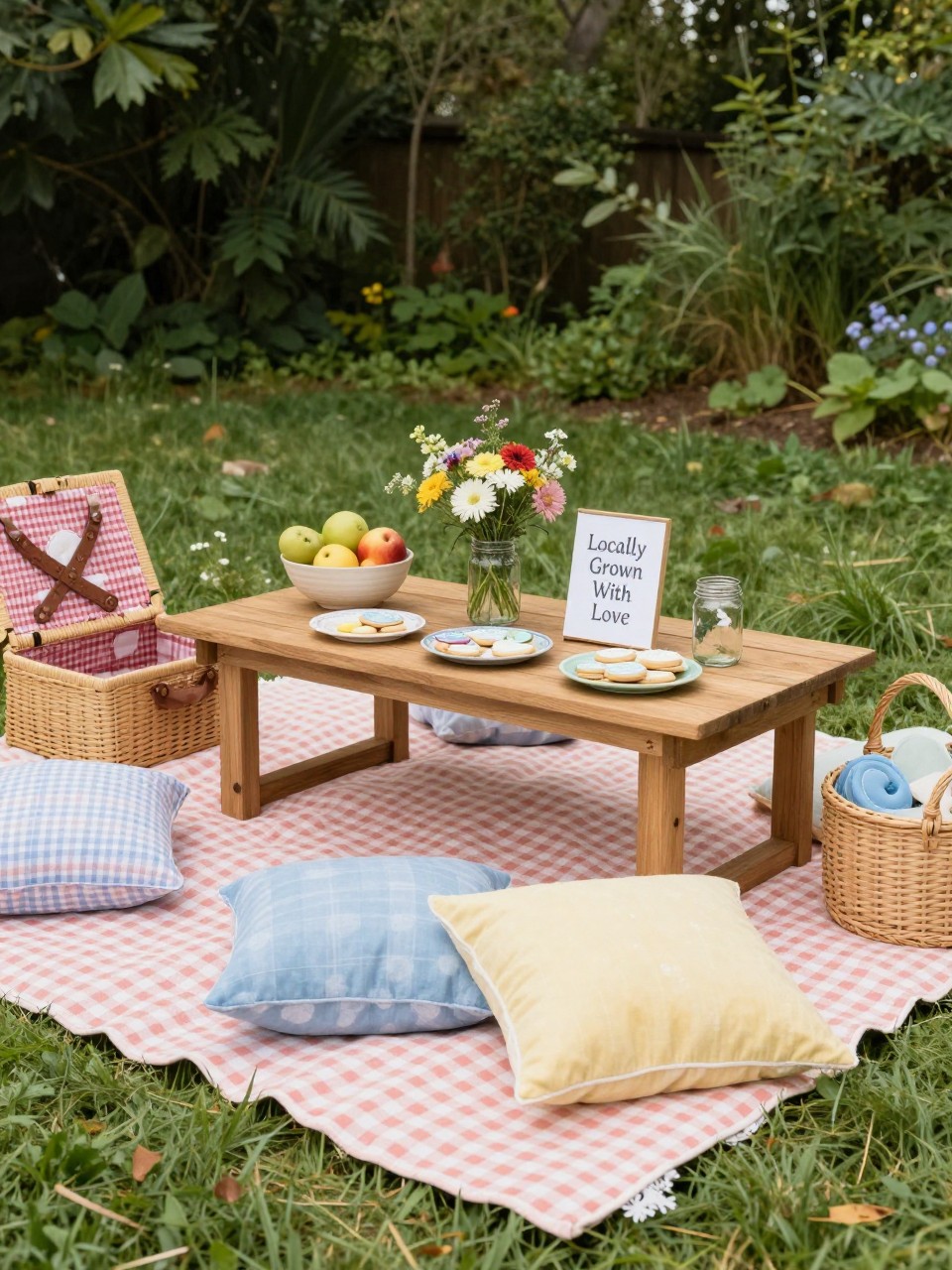 A realistic single-image baby shower picnic corner with red, blue, and soft yellow gingham blankets layered on grass, low wooden table, woven picnic baskets, fresh fruit bowls, mason jars with wildflowers, pastel cushions, baby shower cookies on small plates, simple sign reading “Locally Grown With Love,” outdoor garden setting, no people, no faces, soft natural daylight, editorial picnic decor photography, no watermarks on images