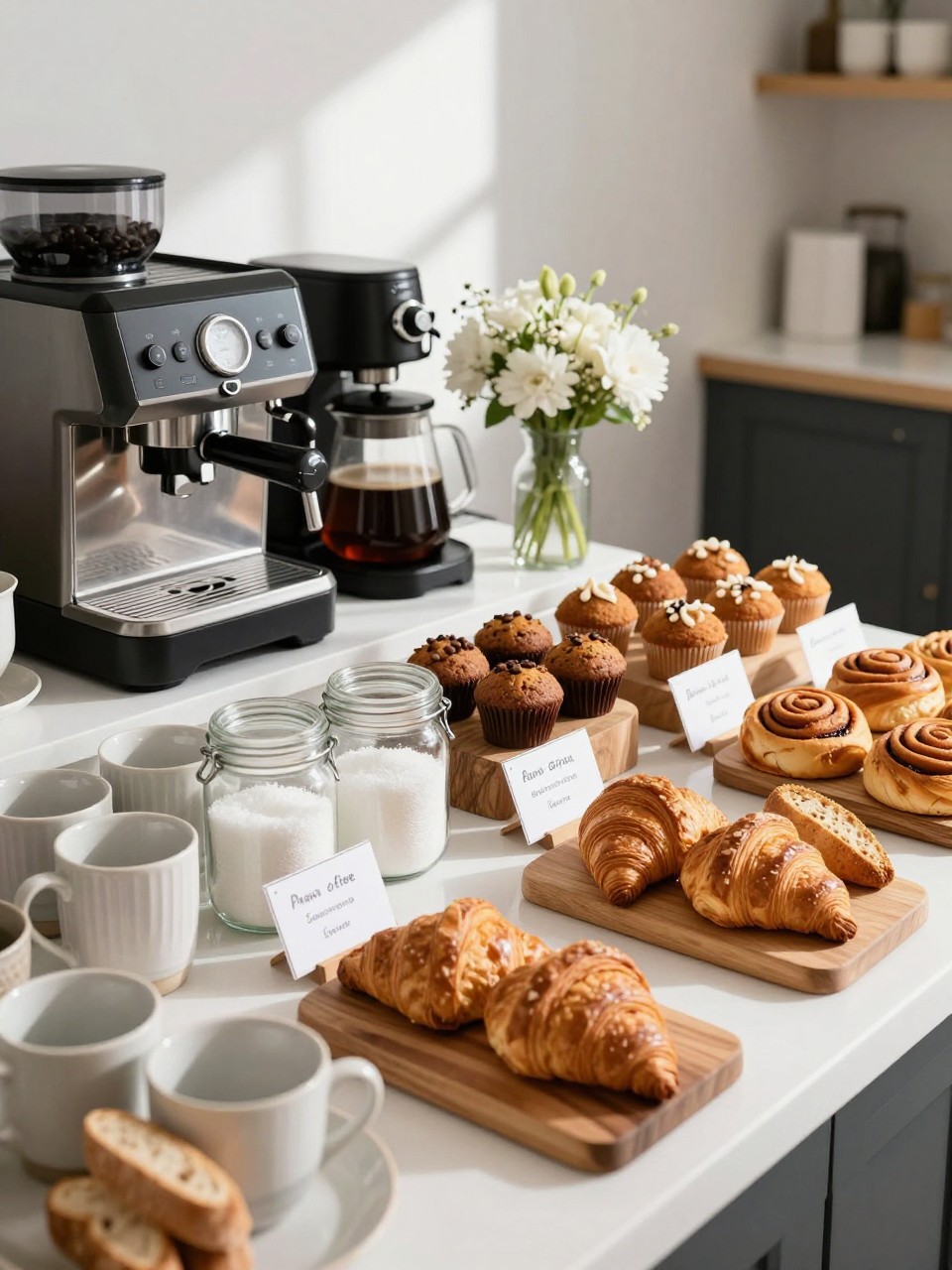 A realistic DSLR photo of a bright brunch coffee bar on a dining room buffet, coffee machine and carafe on one side, ceramic mugs, glass jars of sugar and coffee beans, small wooden boards holding croissants, mini muffins, biscotti, and cinnamon rolls, handwritten pairing cards, white flowers, morning sunlight, airy realistic brunch styling, no people.