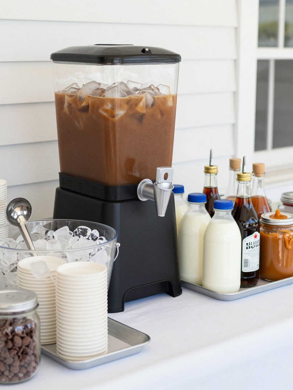 A realistic DSLR photo of a self-serve iced coffee bar for a party, clear drink dispenser filled with iced coffee, ice bucket with metal scoop, cups stacked neatly, bottles of milk and creamer on a tray, glass syrup bottles, jars of chocolate chips and caramel drizzle, white tablecloth, summer party styling, bright natural light, no people.