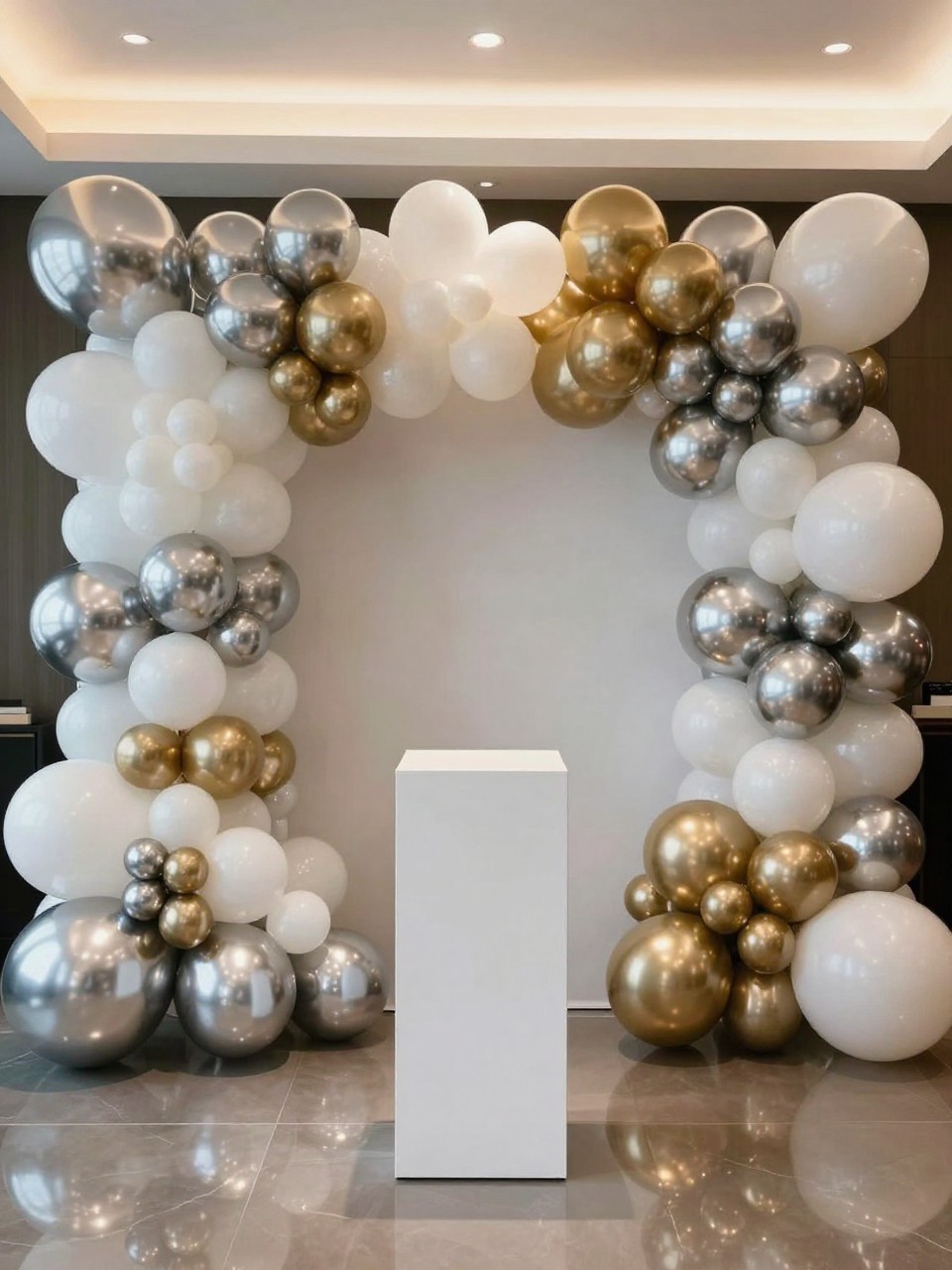 Image Prompt:
A single realistic photo of a glamorous balloon backdrop with a full wall of chrome silver, pearl white, and champagne gold balloons, arranged in tight layered clusters with different sizes, a sleek white dessert plinth in front, glossy floor reflection, warm indoor party lighting, modern celebration setup, no people, no faces, realistic luxury event photography, no text, no watermark.