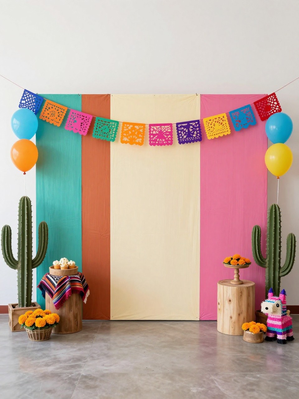 Image Prompt:
A single realistic editorial-style photo of a full Mexican fiesta party backdrop with layered cream, terracotta, teal, yellow, and pink panels, papel picado banners, colorful balloons, cactus props, marigold-style flowers, woven textiles, small piñata details, rustic dessert plinths, bright indoor party venue, no people, no faces, realistic colorful event photography, no text, no watermark.