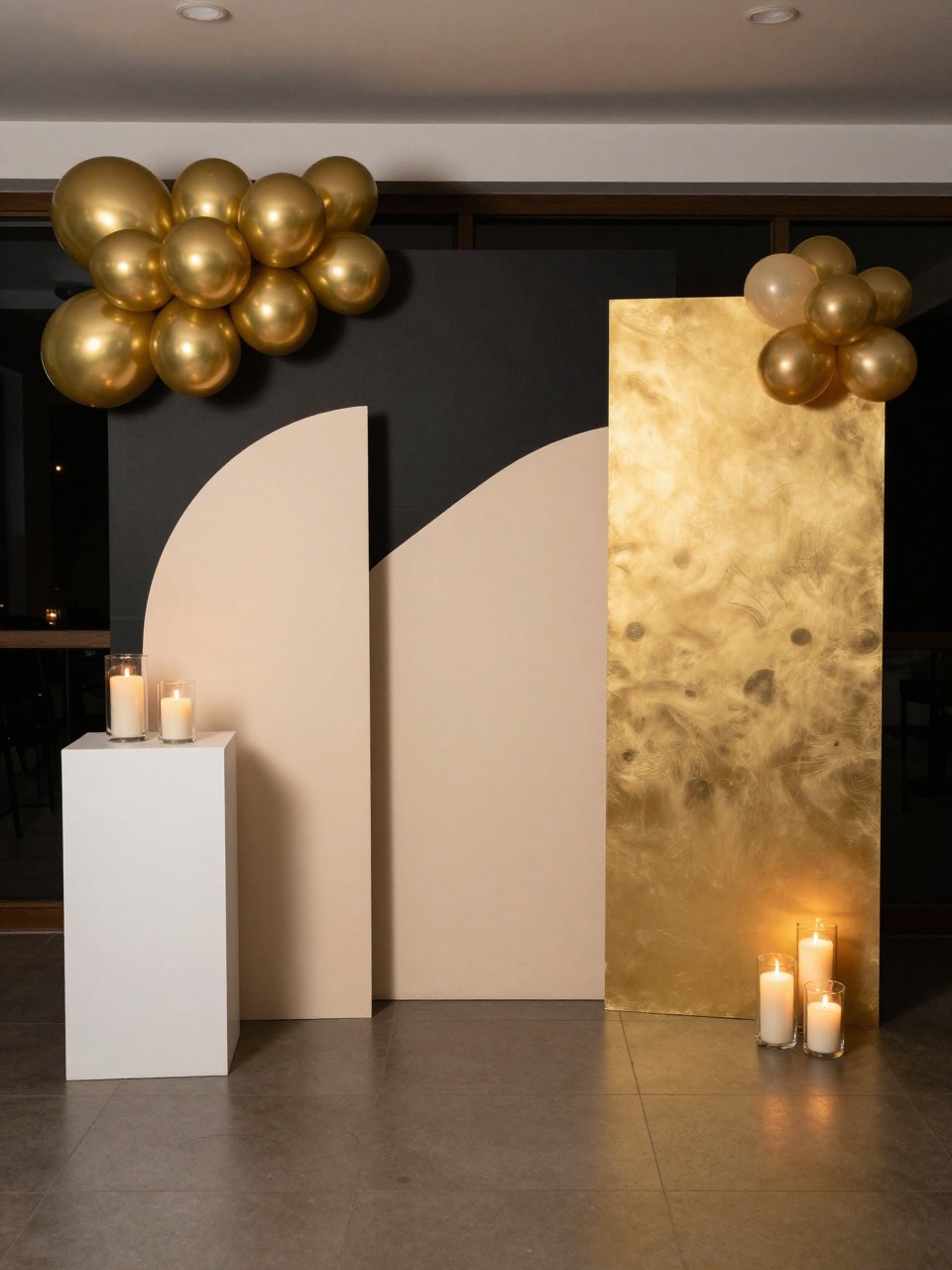 Image Prompt:
A single realistic photo of an elegant farewell party backdrop with layered black, cream, and gold curved panels, gold metallic balloon accents, candle clusters in glass holders, a sleek white pedestal stand, polished indoor evening event space, no people, no faces, warm moody lighting, realistic luxury party photography, no text, no watermark.