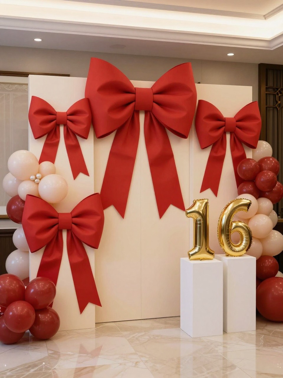 Image Prompt:
A single realistic editorial photo of a bold and pretty Sweet 16 party backdrop with a cream panel wall covered with oversized red satin bows, blush balloon accents, pearl details, a gold number 16 prop, white plinths, polished indoor birthday venue, no people, no faces, warm soft lighting, realistic event photography, no text, no watermark.