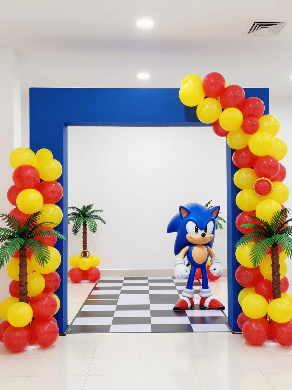 Image Prompt:
A single realistic photo of a Sonic-themed party entrance backdrop with a blue archway frame, gold ring props along the sides, red and yellow balloon garland, checkered floor runner, small palm tree props, bright indoor party entrance, no people, no faces, realistic event photography, no text, no watermark.