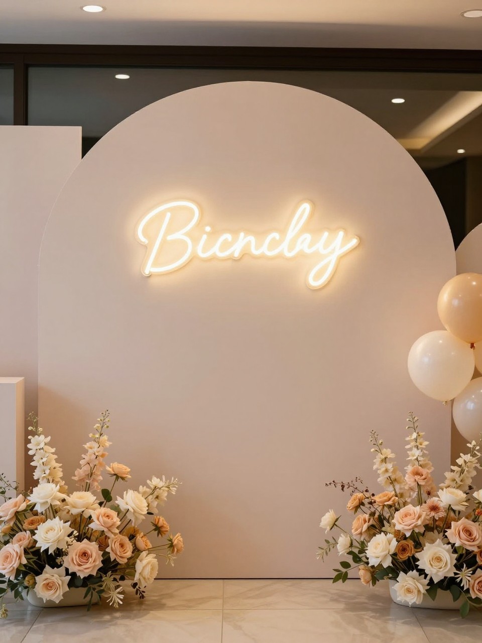 Image Prompt:
A single realistic photo of a stylish party backdrop with a matte blush circular panel, a glowing warm white neon-style script sign mounted in the center, blush and ivory flowers at the base, soft balloon accents on one side, modern indoor event space, no people, no faces, realistic warm lighting, no readable text on the sign, no watermark.