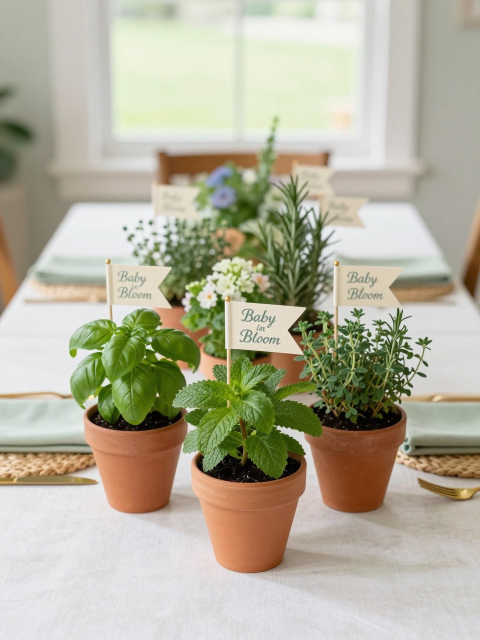A realistic single-image baby shower table centerpiece scene with small potted herbs in terracotta pots, basil, mint, rosemary, and thyme arranged in the center of a white linen-covered table, tiny cream flags that read “Baby in Bloom,” soft garden flowers tucked between the pots, woven chargers, pale green napkins, simple gold flatware, indoor garden party setting near a bright window, no people, no faces, realistic editorial photography, soft natural light, no watermarks on images