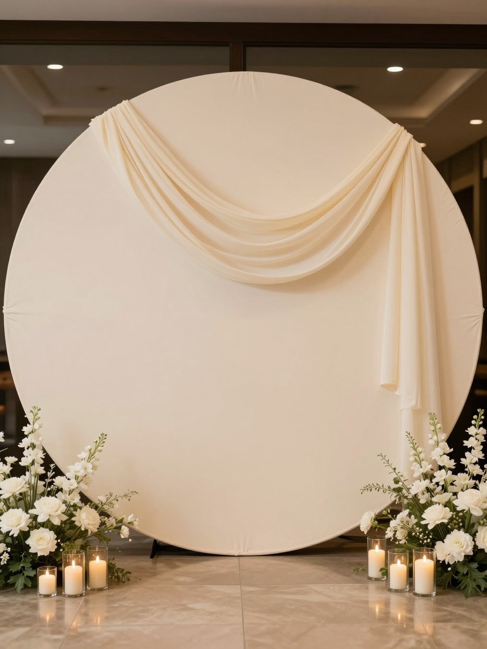 Image Prompt:
A single realistic editorial photo of an elegant circle backdrop with a large ivory round panel, sheer cream fabric draped loosely across the top and down one side, soft white flowers at the base, candles in clear holders, warm indoor event setting, no people, no faces, realistic soft lighting, no text, no watermark.