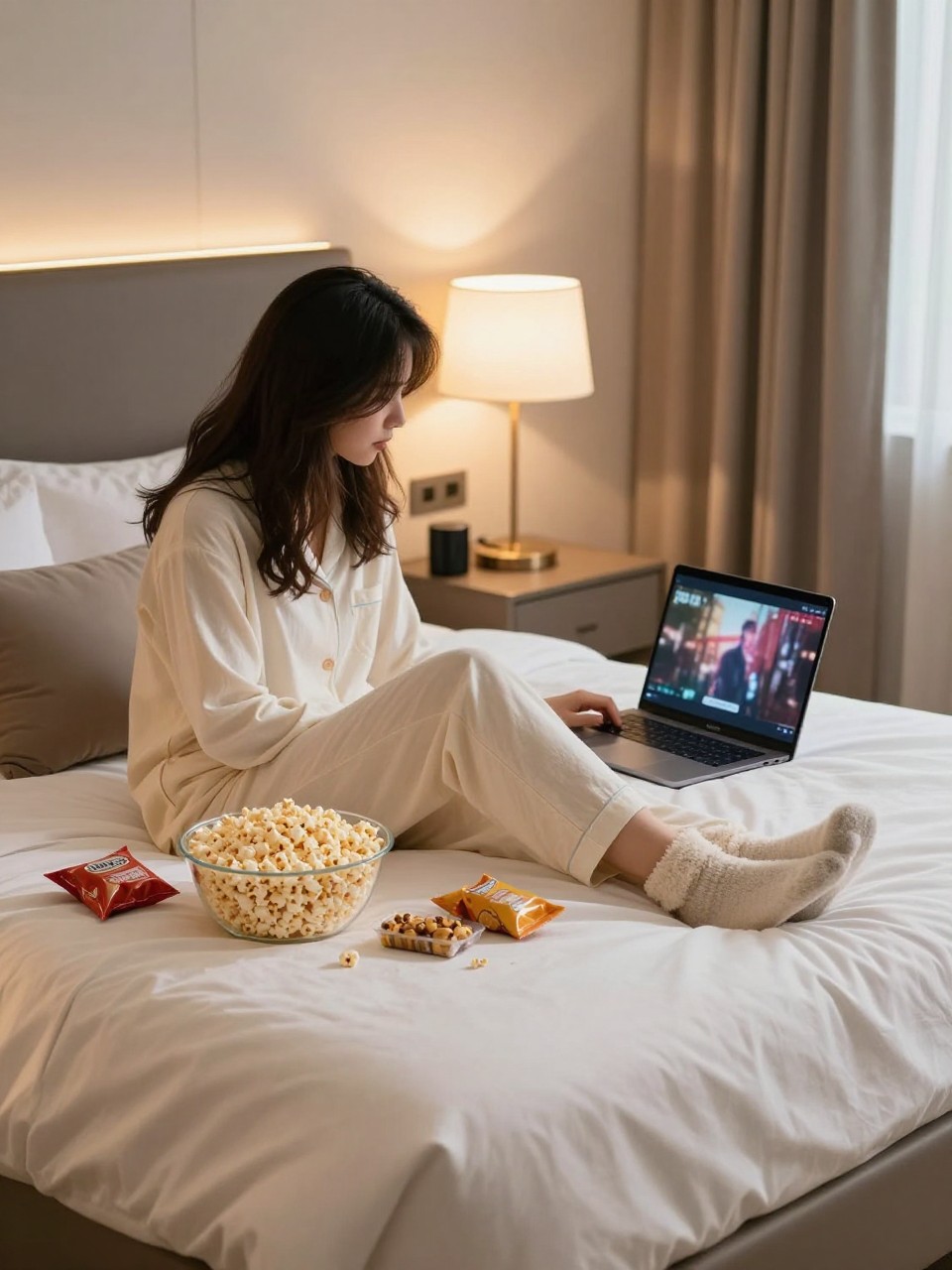 Image Prompt:
A realistic cozy hotel room photoshoot showing an adult woman sitting on a white hotel bed with a soft blanket, popcorn bowl, room service snacks, warm lamp light, and a laptop open with a blurred movie screen. She wears comfortable pajamas and fuzzy socks, with her face hidden by her hair as she looks down at the snacks. The room has pillows, a nightstand, curtains, and a relaxed weekend getaway mood. Photo-realistic DSLR style, warm lighting, vertical image.