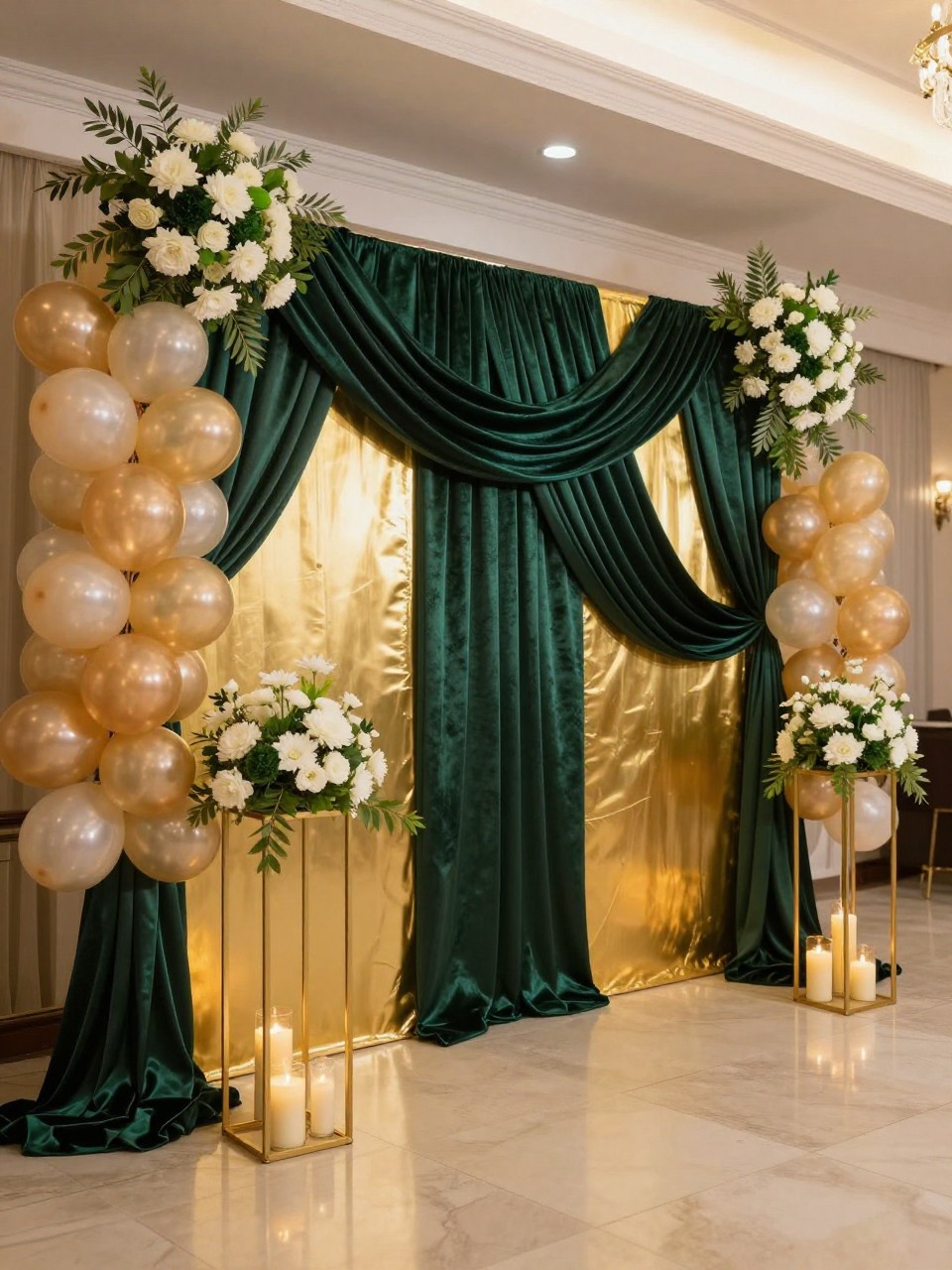 Image Prompt:
A single realistic photo of a luxe emerald green and gold quinceañera backdrop with deep green velvet draping, gold curved panels, champagne balloon garland, white and green floral arrangements, gold pedestal stands, candle clusters, polished indoor evening venue, no people, no faces, warm elegant lighting, realistic luxury party photography, no text, no watermark.