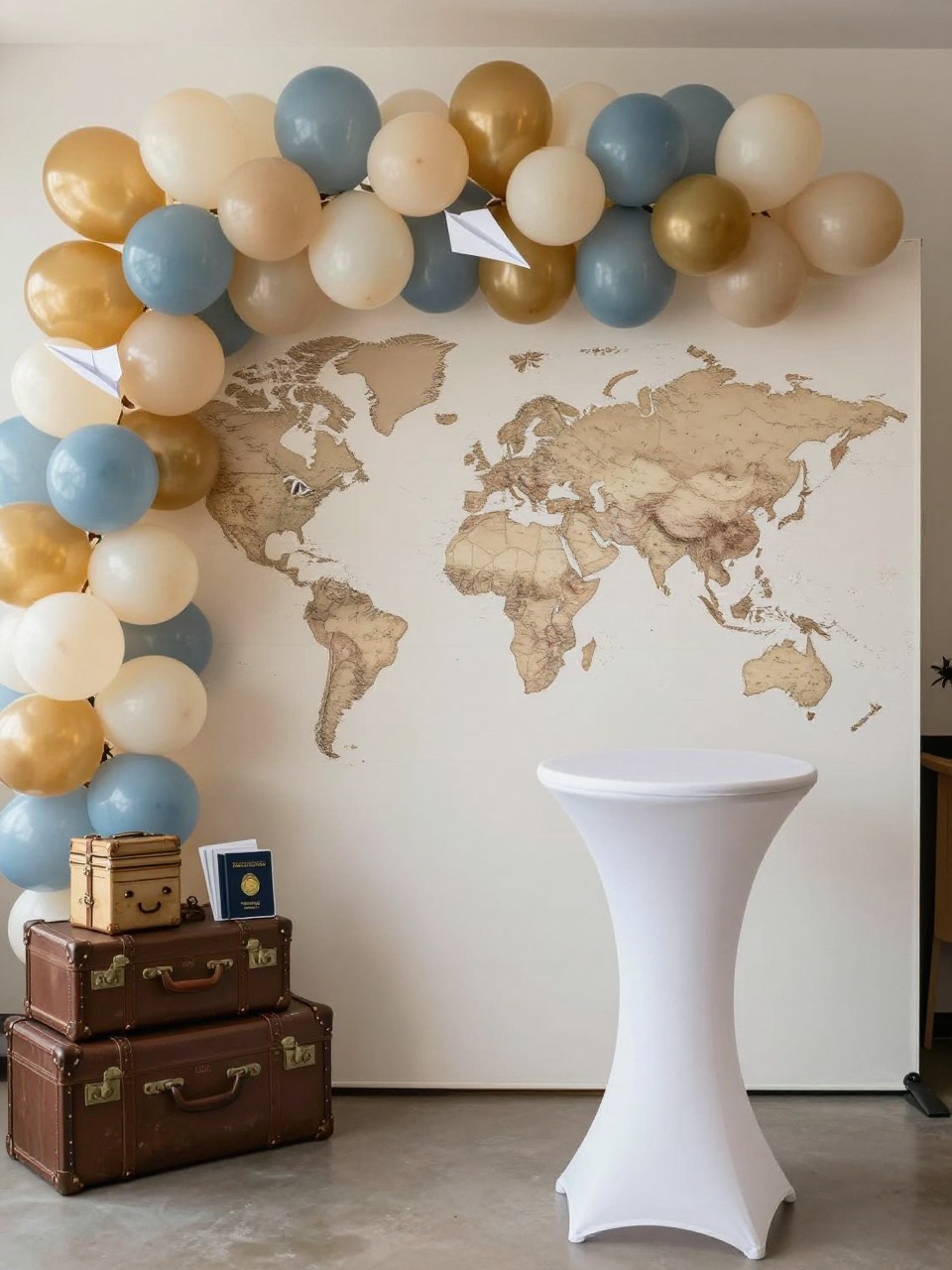 Image Prompt:
A single realistic editorial-style photo of a creative farewell party backdrop with a travel theme, featuring a large world map panel in soft neutral tones, vintage-style suitcases stacked at the base, a balloon garland in dusty blue, cream, beige, and muted gold, paper airplane accents, a few passport-inspired props, a white pedestal table in front, warm indoor party lighting, no people, no faces, realistic event photography, no text, no watermark.