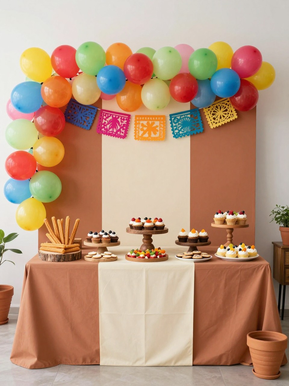 Image Prompt:
A single realistic photo of a Mexican theme dessert table backdrop with cream and terracotta panels, papel picado banners, colorful balloon garland, a styled dessert table with churros, cupcakes, cookies, mini cakes, and fruit desserts on rustic wooden stands, terracotta pots, bright indoor party room, no people, no faces, realistic food and event photography, no readable text, no watermark.