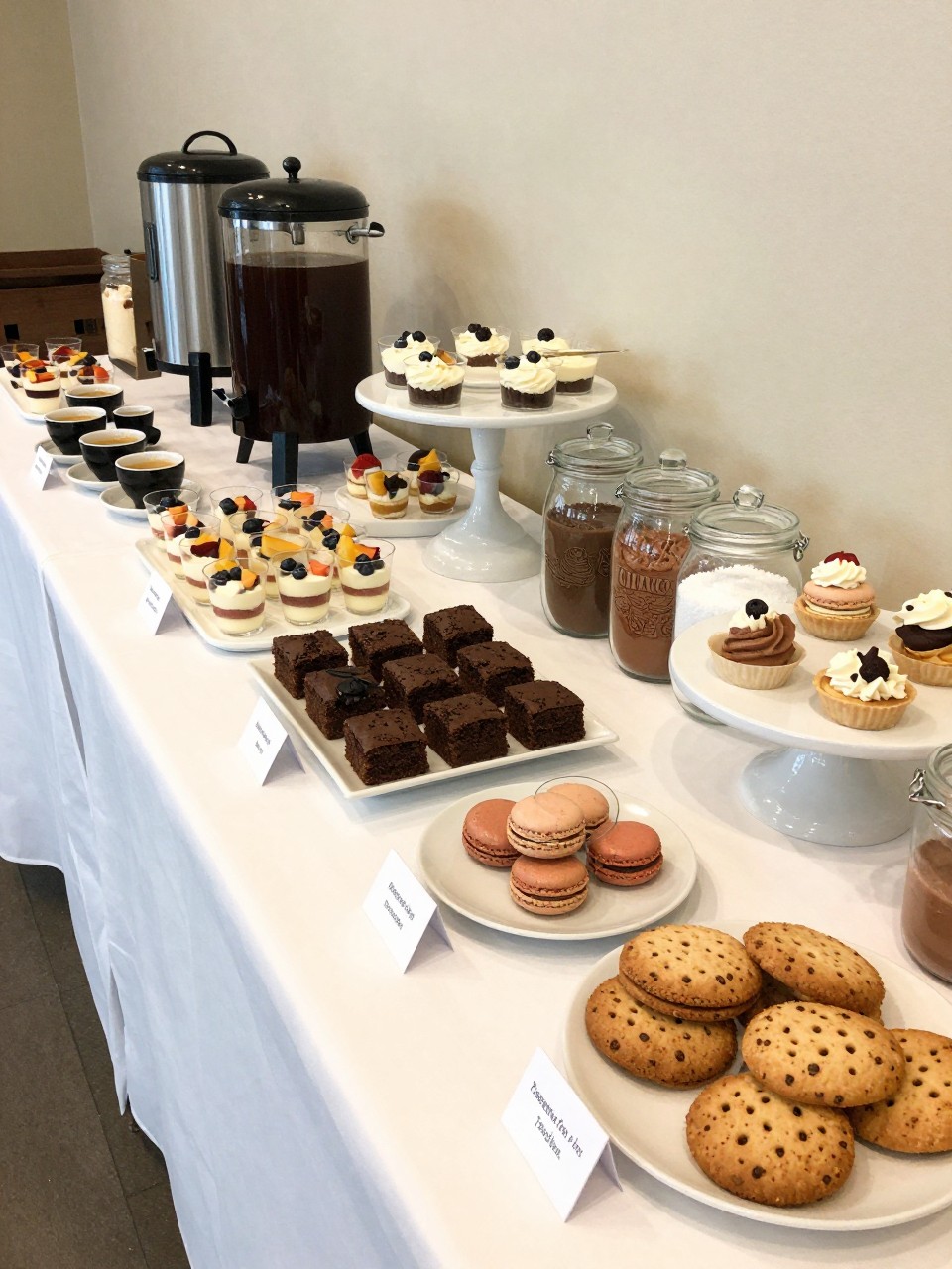 A realistic DSLR photo of a party dessert table combined with a coffee bar, long table with coffee urn, espresso cups, mini dessert cups, brownies, macarons, cookies, glass jars of sugar and cocoa, small labels, white cake stands, soft warm event lighting, elegant home party styling, realistic textures, no people.