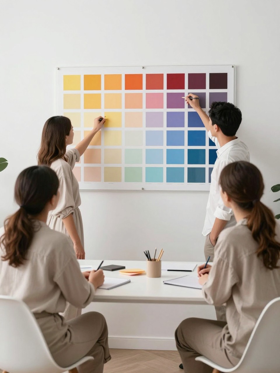 A realistic editorial photo of a stylish gender reveal party styled like a color theory studio, paint swatches, clear acrylic boards, modern white table, soft neutral outfits, parents revealing one large color card from a display wall, minimal creative decor, bright studio lighting, vertical composition