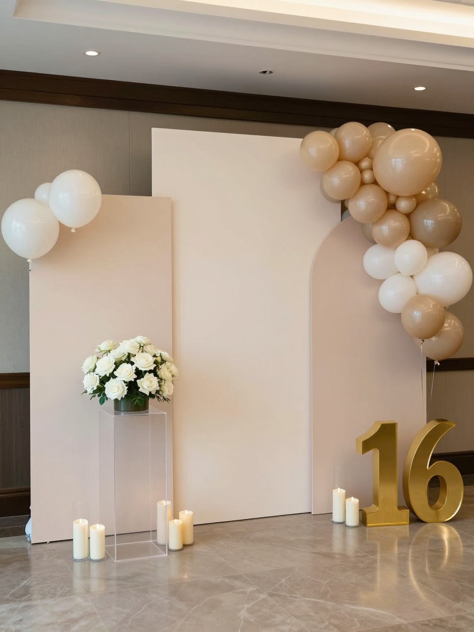 Image Prompt:
A single realistic editorial-style photo of a modern neutral Sweet 16 backdrop with layered cream, beige, taupe, and soft blush panels, muted champagne balloon accents, white roses, clear plinths, candle clusters, a gold number 16 prop, polished indoor party venue, no people, no faces, soft natural lighting, realistic upscale event photography, no text, no watermark.