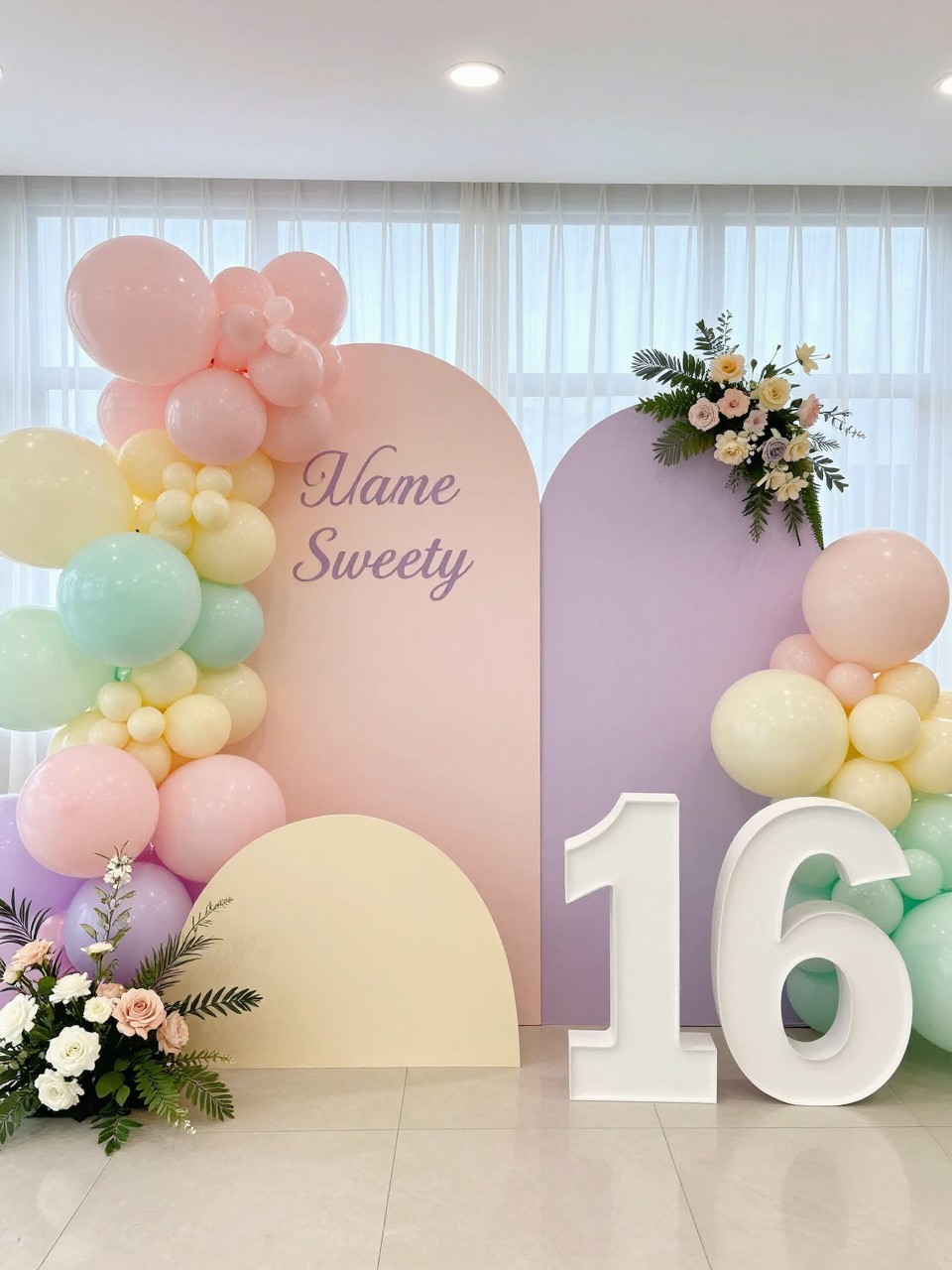 Image Prompt:
A single realistic photo of a pastel Sweet 16 backdrop with layered curved panels in blush pink, lilac, pale yellow, mint, and ivory, soft balloon clusters, a white number 16 prop, small floral arrangements, bright airy indoor setting, no people, no faces, soft daylight, realistic party photography, no text, no watermark.