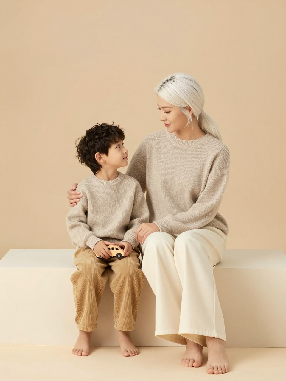 Image Prompt:
A realistic studio mother and son photoshoot with a white mother and her little son sitting on a cream fabric-covered platform against a warm beige seamless backdrop. They wear matching soft oatmeal knit sweaters, with the mother in wide-leg cream trousers and the son in tan corduroy pants. They sit close together, the son holding a small wooden toy car while the mother looks at him with a gentle smile. Soft studio lighting, clean neutral styling, realistic knit textures, calm modern family portrait, vertical image.
