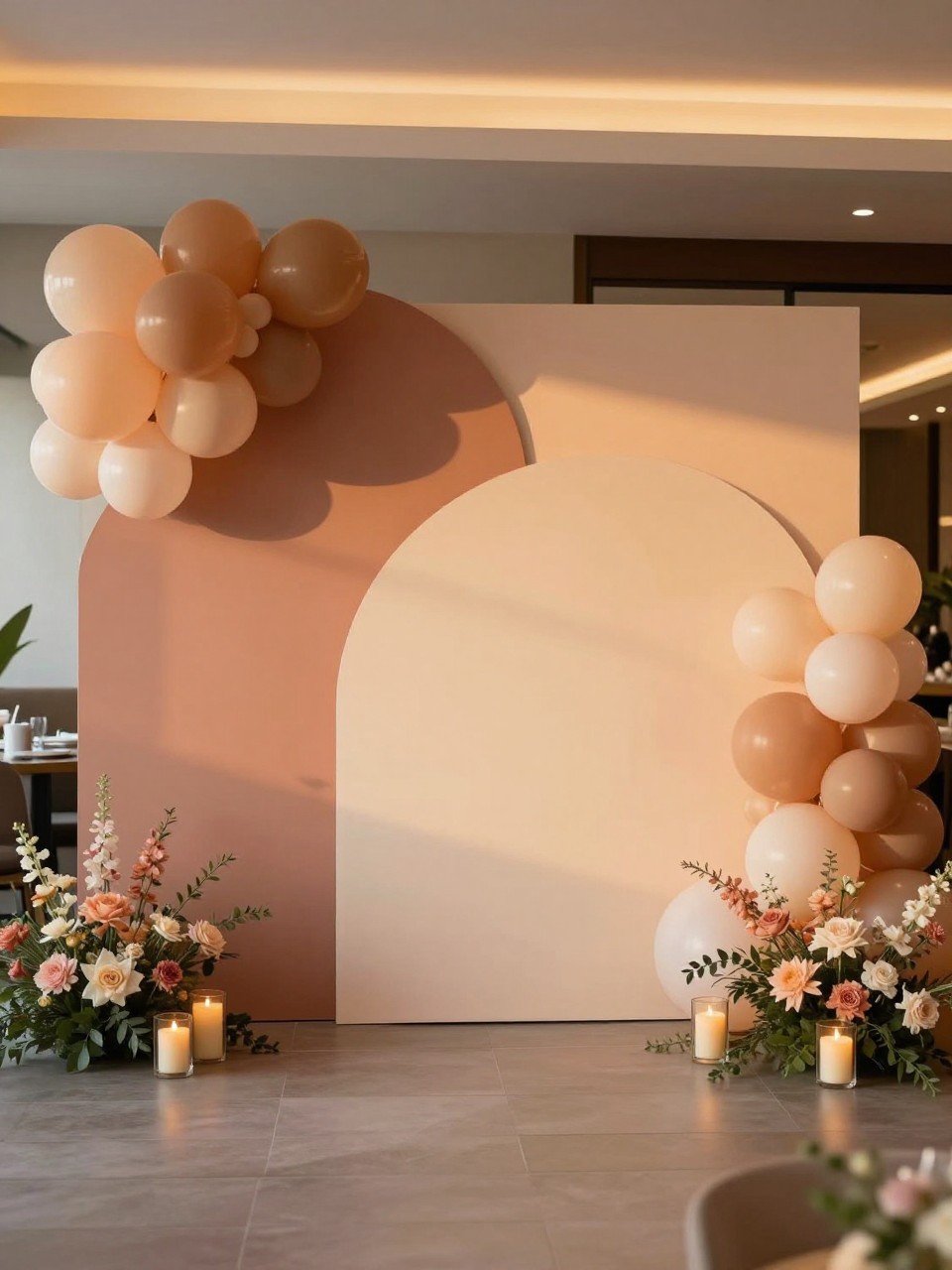 Image Prompt:
A single realistic photo of a farewell party backdrop in sunset-inspired tones, with layered panels in terracotta, blush, peach, and cream, soft balloon accents, low floral arrangements, candle holders, and a warm modern indoor venue, no people, no faces, golden soft lighting, realistic editorial event photo, no text, no watermark.