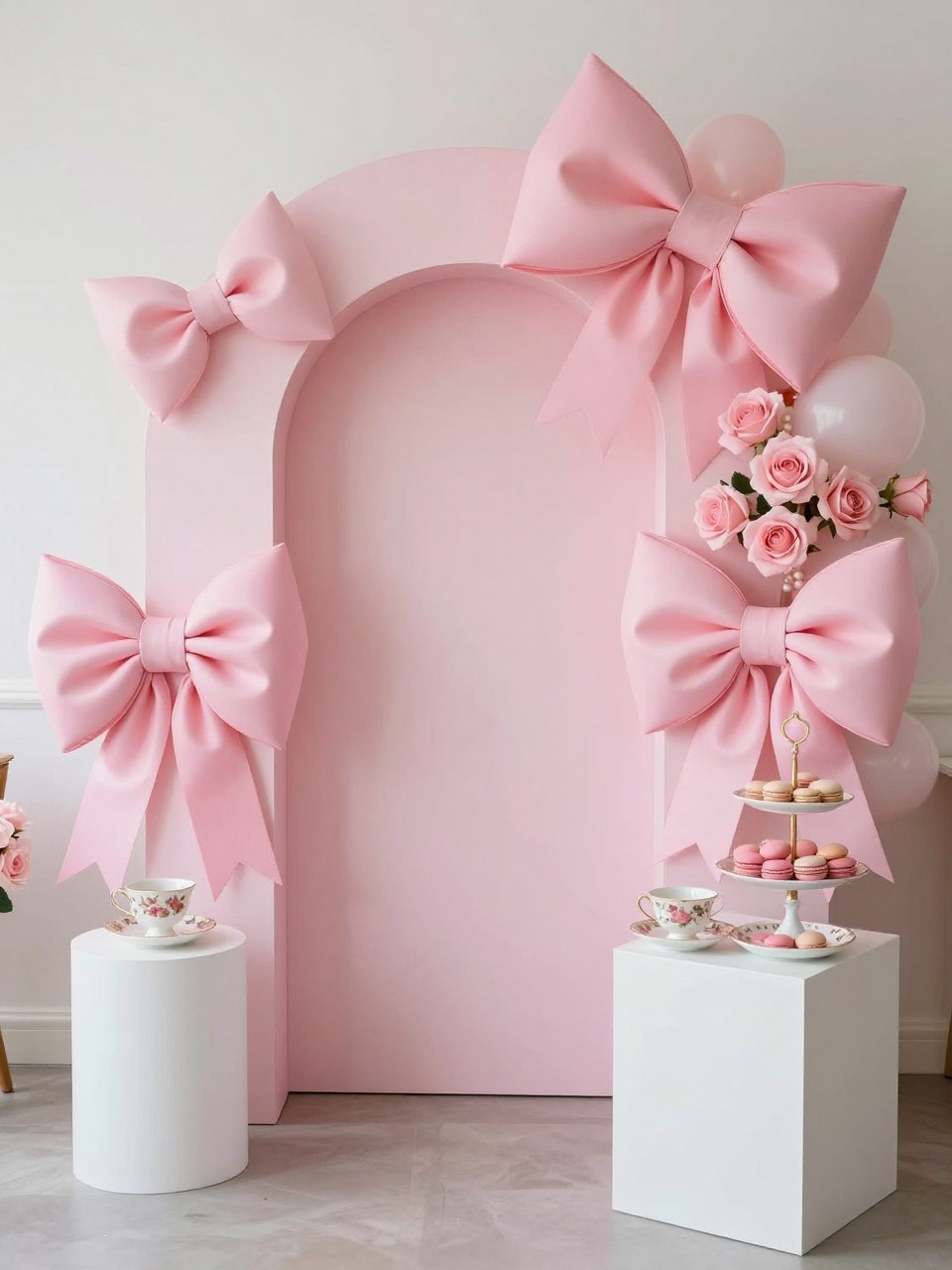 Image Prompt:
A single realistic photo of a pretty tea party backdrop with a blush pink arch panel, oversized satin bows, pearl balloon accents, soft pink roses, a small tea table with floral teacups and macarons, white plinths, bright indoor party setting, no people, no faces, soft natural lighting, realistic editorial party photography, no text, no watermark.