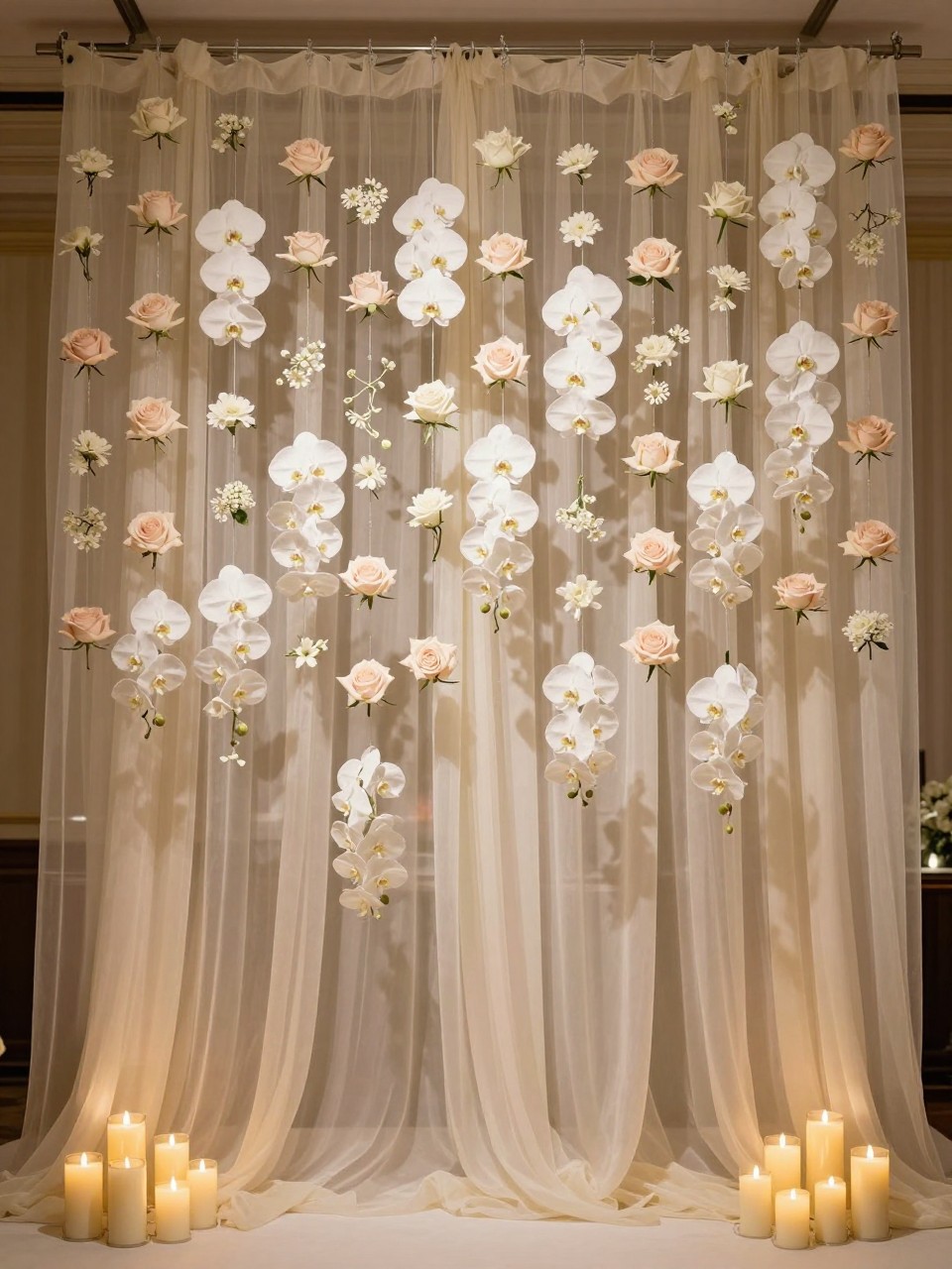 Image Prompt:
A single realistic editorial-style photo of a hanging flower curtain backdrop with strands of white orchids, blush roses, and tiny ivory flowers suspended from above, sheer cream fabric behind the strands, candle clusters at the base, elegant indoor event space, no people, no faces, warm romantic lighting, realistic high-end event photography, no text, no watermark.