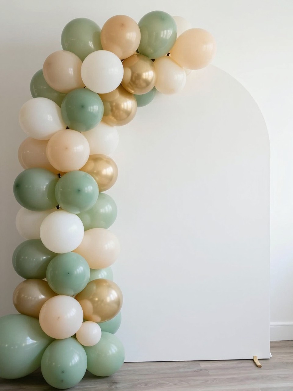 Image Prompt:
A single realistic photo of a modern half balloon wall backdrop with balloons covering only the left side of a matte white wall, colors in sage green, ivory, beige, and soft gold, clean negative space on the right side, a small cake plinth in front, minimal indoor party venue, no people, no faces, soft natural daylight, realistic editorial event photo, no text, no watermark.