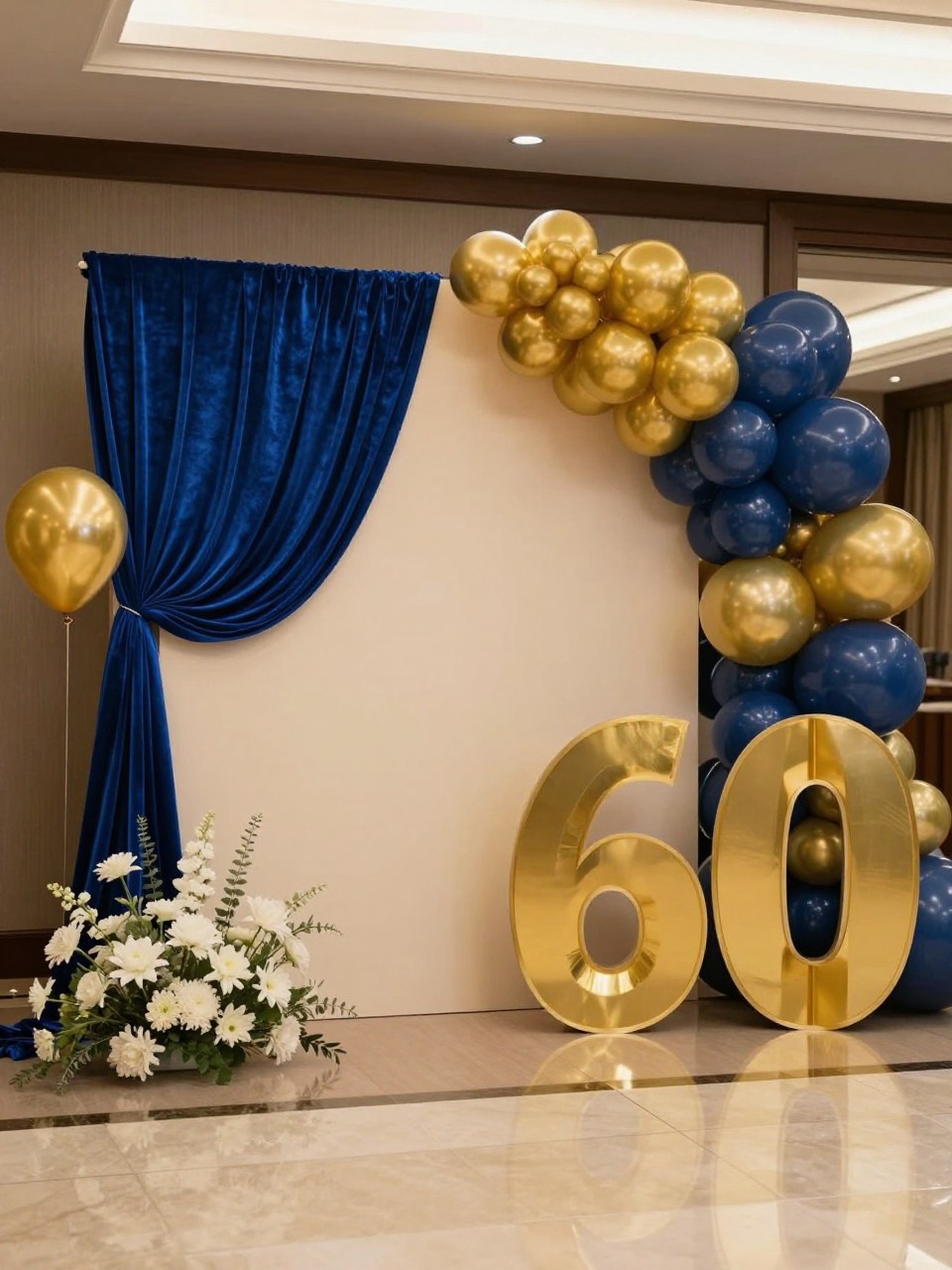 Image Prompt:
A single realistic editorial-style photo of a royal blue and gold 60th birthday backdrop with deep blue velvet draping, gold balloon clusters, a cream circular panel, large gold number 60 props, white floral arrangements, polished indoor event hall, no people, no faces, warm elegant lighting, realistic birthday event photography, no watermark.