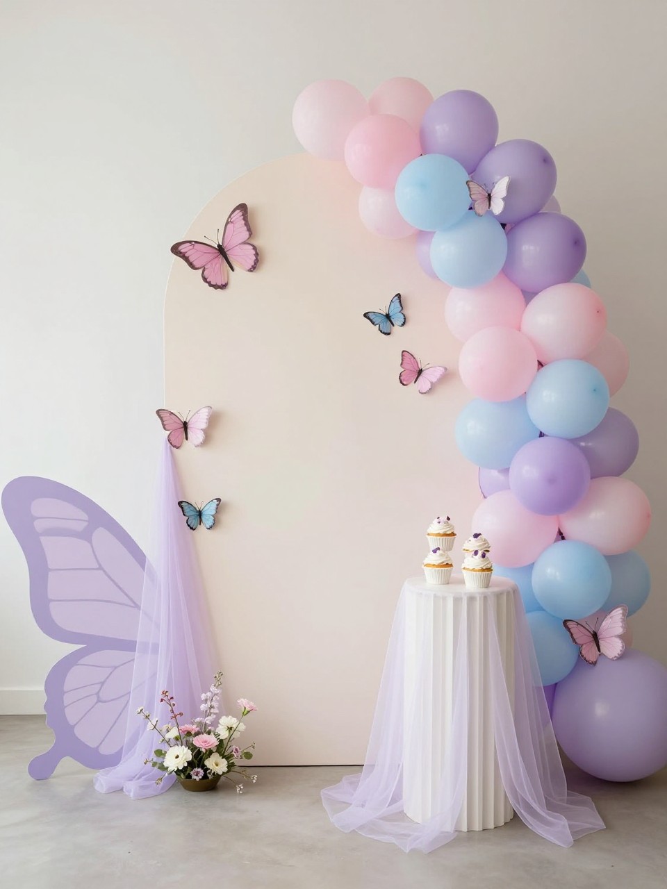 Image Prompt:
A single realistic photo of a butterfly-themed gender reveal backdrop with a pale lavender and cream curved panel, soft pink and powder blue butterflies attached in a floating pattern, pastel balloon garland across one side, sheer tulle draping, small white plinths with cupcakes, delicate floral accents at the base, bright airy indoor party space, no people, no faces, soft realistic lighting, no text, no watermark.