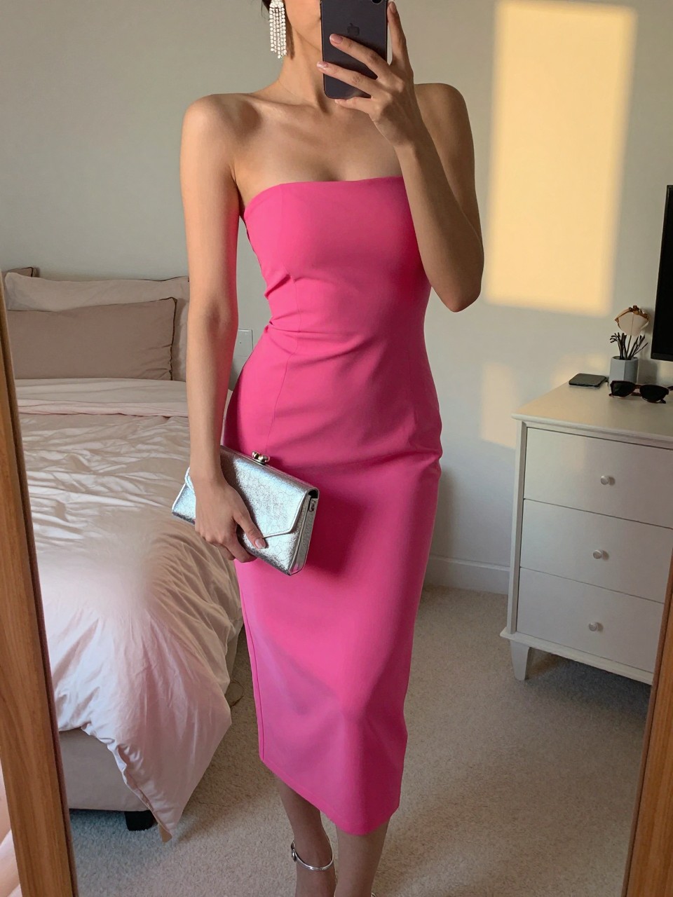 mirror selfie of a woman wearing a hot pink strapless dress with silver heeled sandals, metallic silver clutch, and silver chandelier earrings, holding a phone in front of a mirror, cropped at NECK so face doesn't show, with a natural casual selfie pose, in a feminine-themed bedroom, evening golden hour, including small lived-in details like soft bedding and sunglasses on a dresser, latest iPhone photo quality.