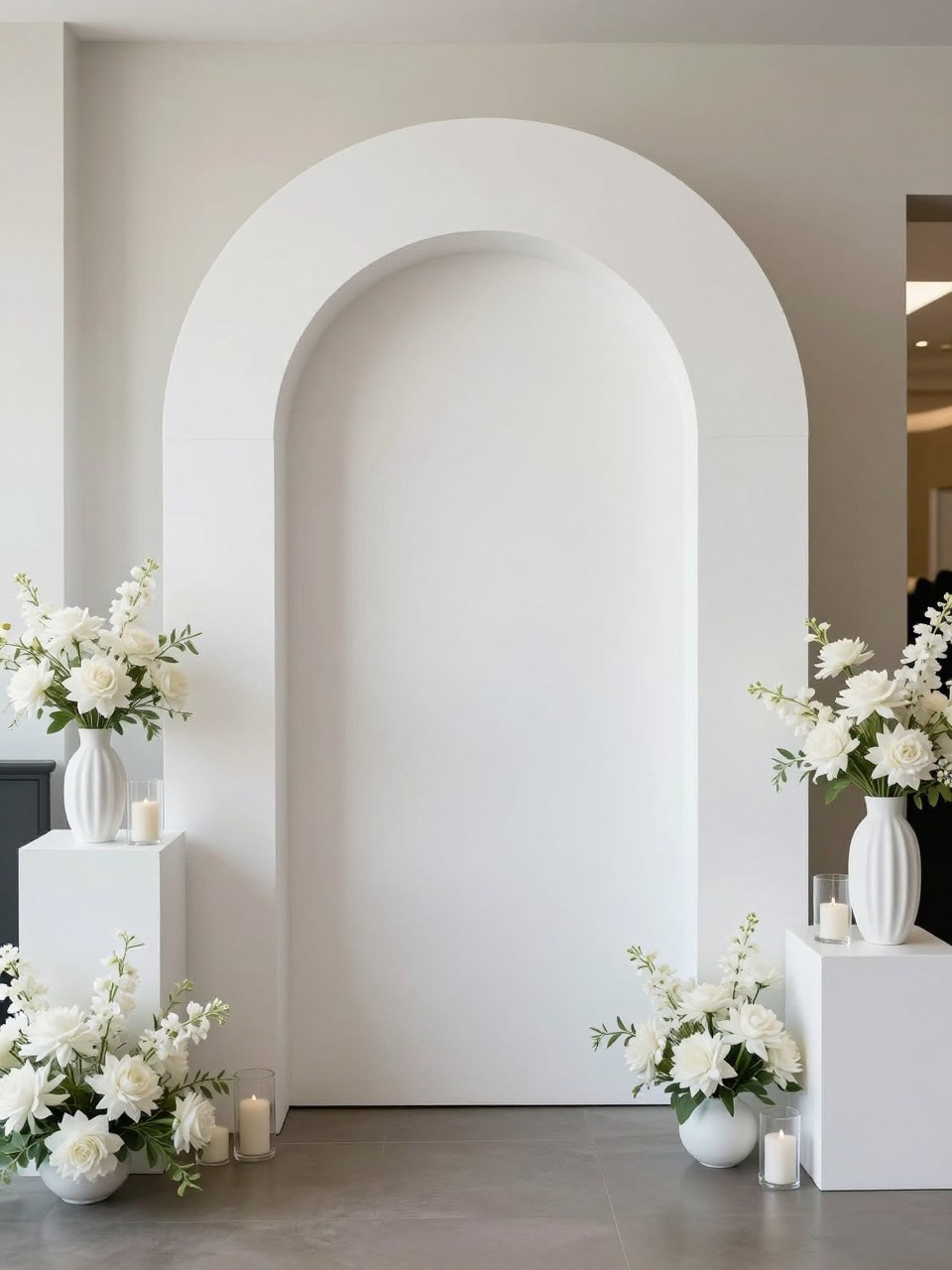 Image Prompt:
A single realistic editorial-style photo of a minimalist arch backdrop with one matte white arched panel, sculptural white floral arrangements in modern vases, clear candle holders, clean white plinths, bright indoor event space, no people, no faces, soft natural light, realistic upscale party photography, no text, no watermark.