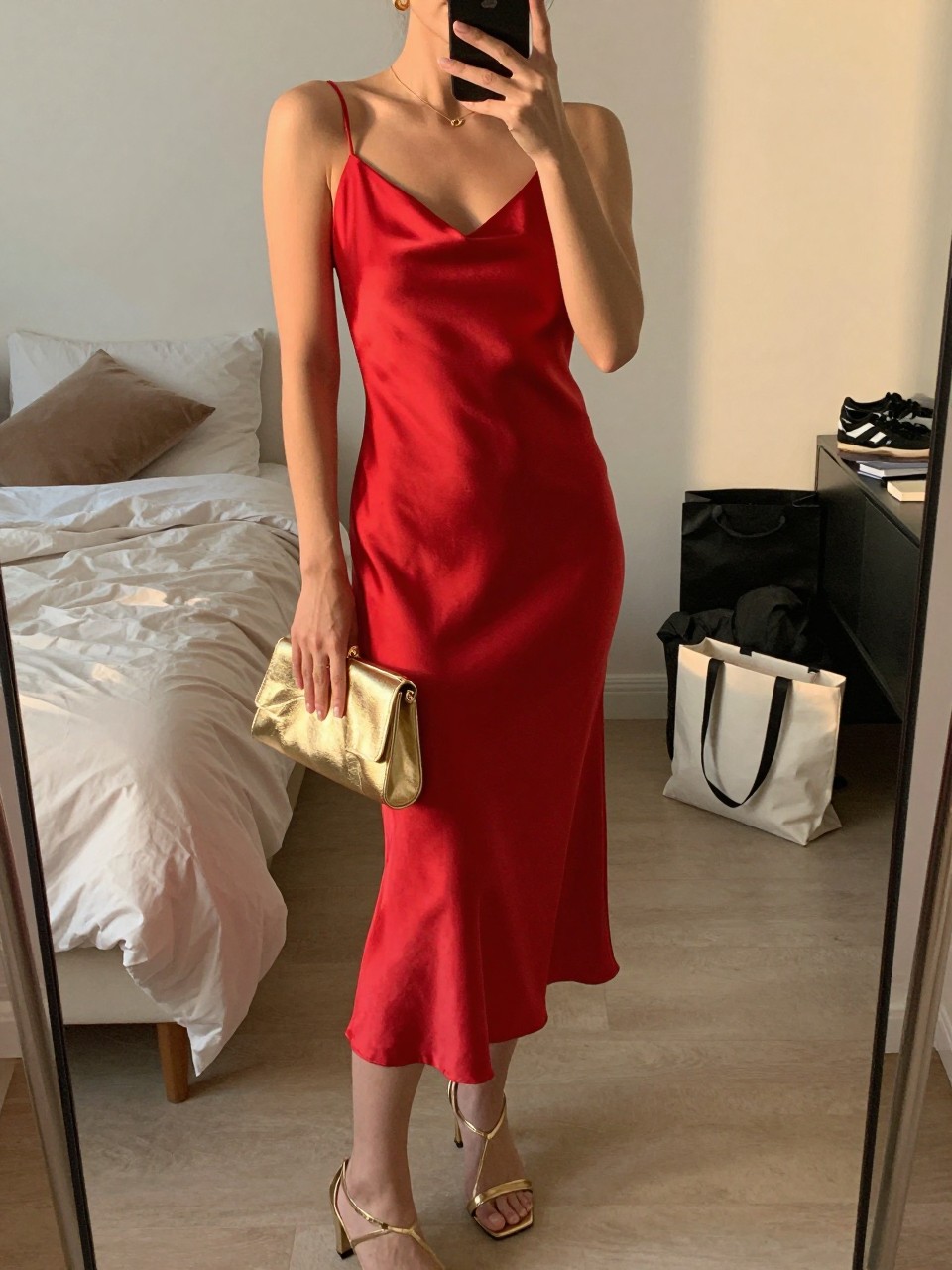 mirror selfie of a woman wearing a red satin midi slip dress with gold strappy heels, a gold metallic clutch, and small gold hoop earrings, holding a phone in front of a mirror, cropped at NECK so face doesn't show, with a natural casual selfie pose, in a feminine-themed bedroom, evening golden hour, including small lived-in details like soft bedding and a tote bag on the floor, latest iPhone photo quality.